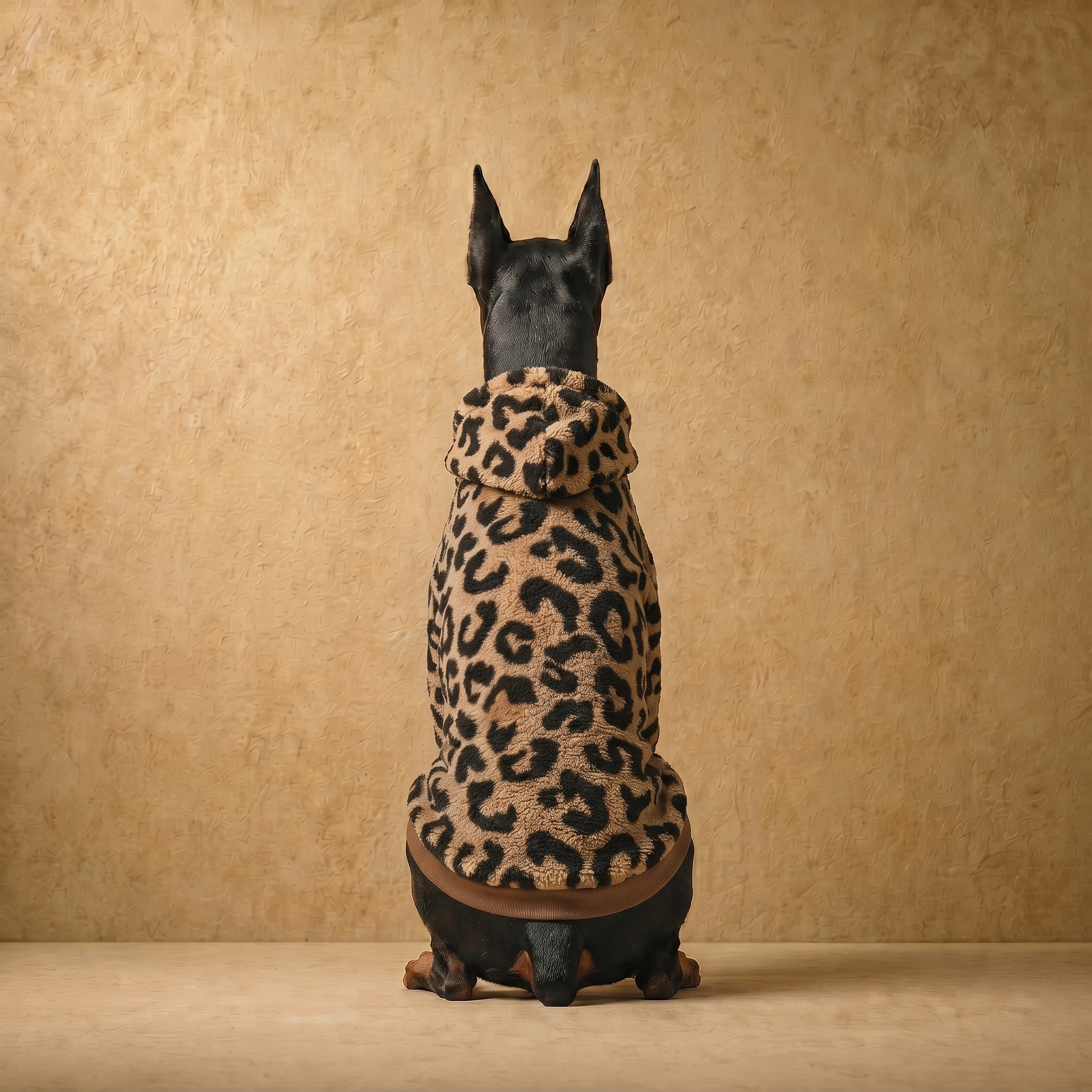 Doberman wearing a plush leopard-print sherpa hoodie with a close, athletic fit, showcasing the deep chest coverage and soft texture against a warm neutral backdrop.
