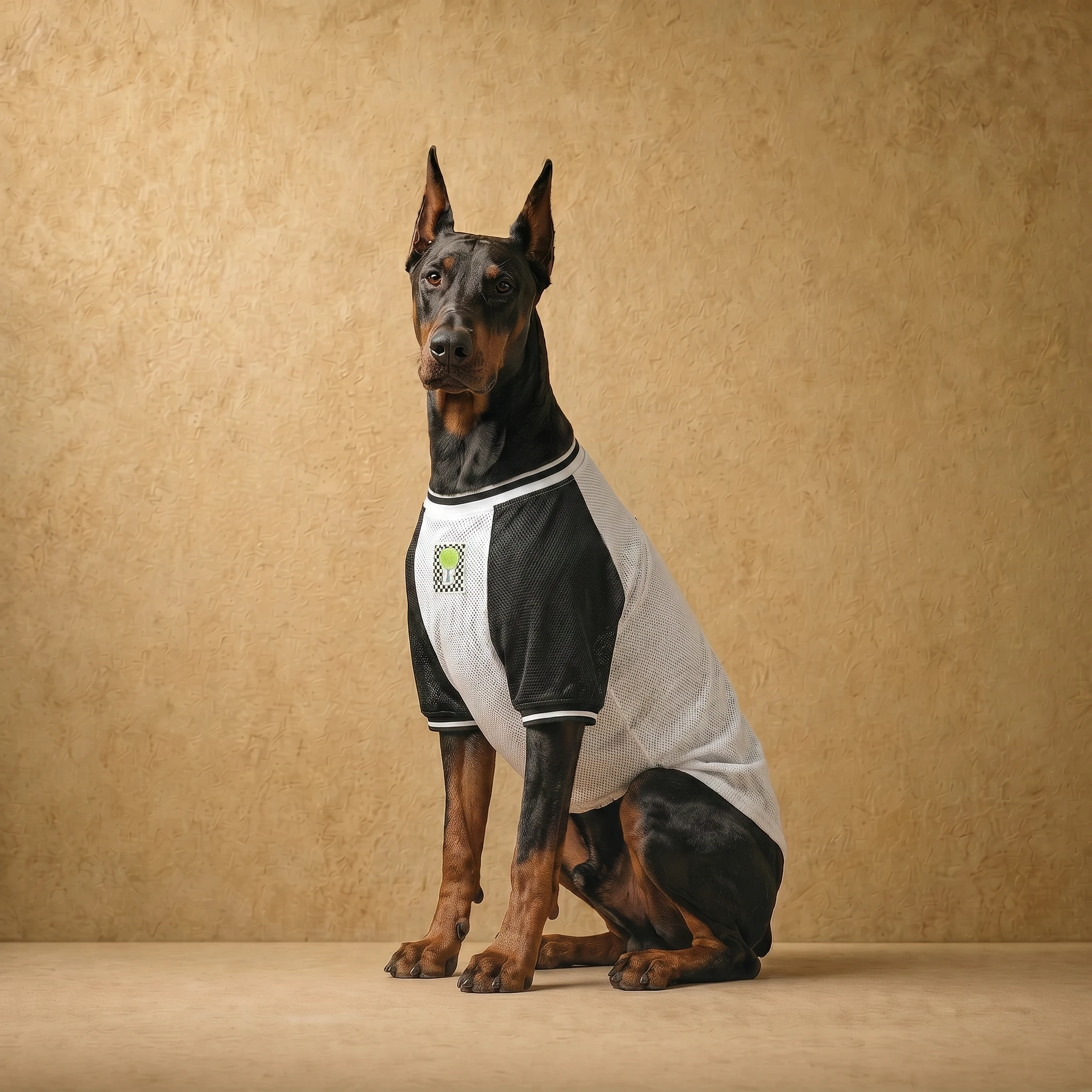 Doberman wearing a breathable monochrome mesh athletic layer with black sleeves and white torso, designed for deep-chested builds, sitting calmly against a warm textured backdrop.