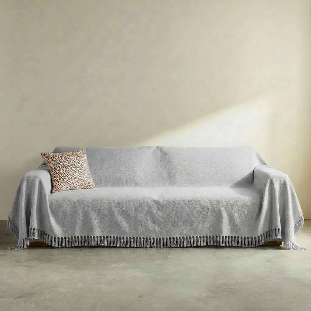 Soft gray Teddy velvet throw with fringe drapes over a sofa in a minimalist interior, adding texture and calm to a harmonious pet living space.