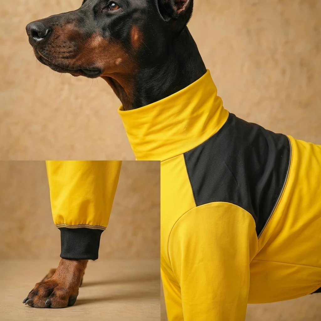 Doberman in NookPaws™ Full Coverage Rain Layer, minimalist yellow and black waterproof design, textured fabric, full limb coverage, calm studio lighting, functional fit for deep-chested dogs