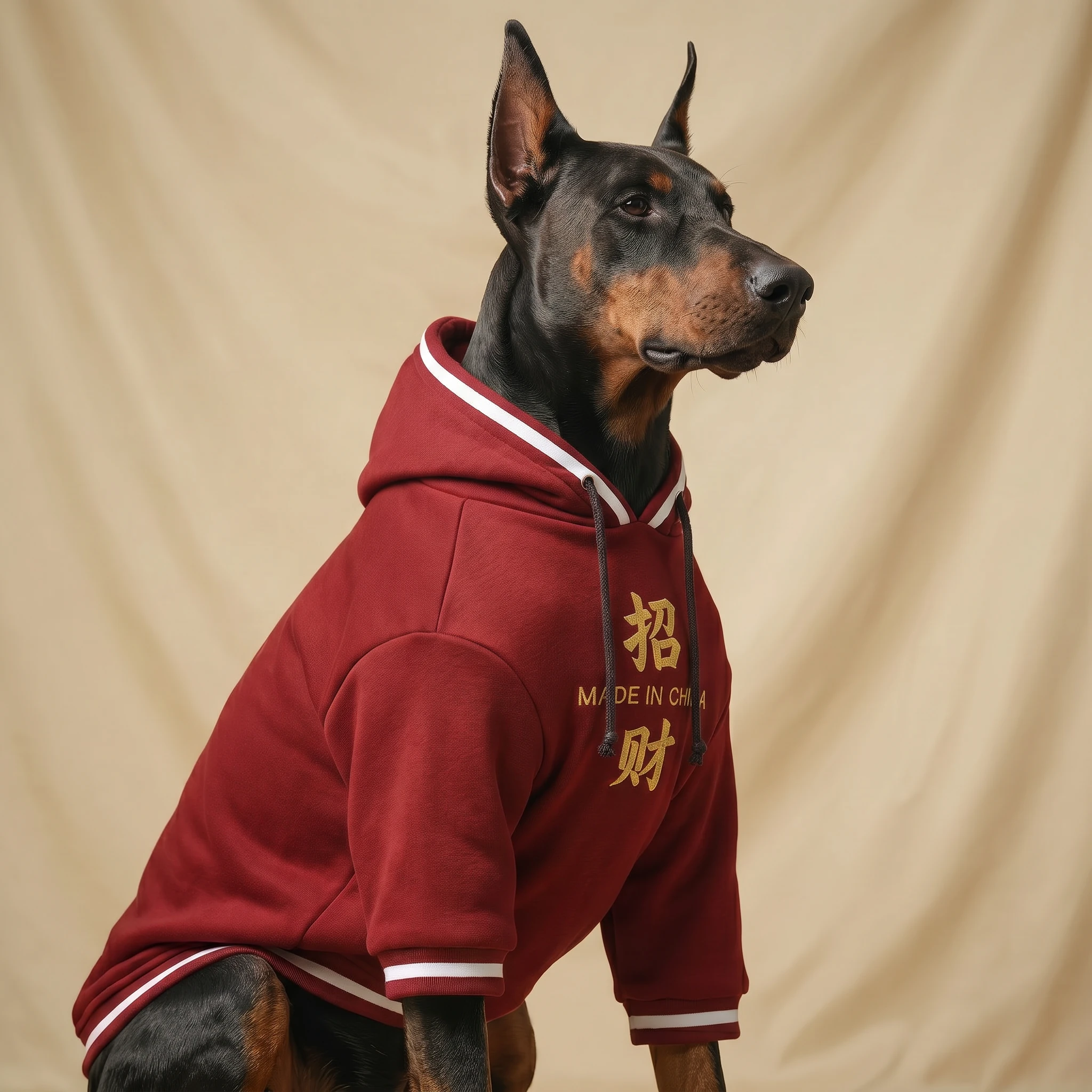 Doberman in NookPaws Deep Chest Fleece Hoodie, rich burgundy heavyweight fleece with gold Chinese characters, minimalist fit for deep-chested breeds, warm and functional for cold weather walks.