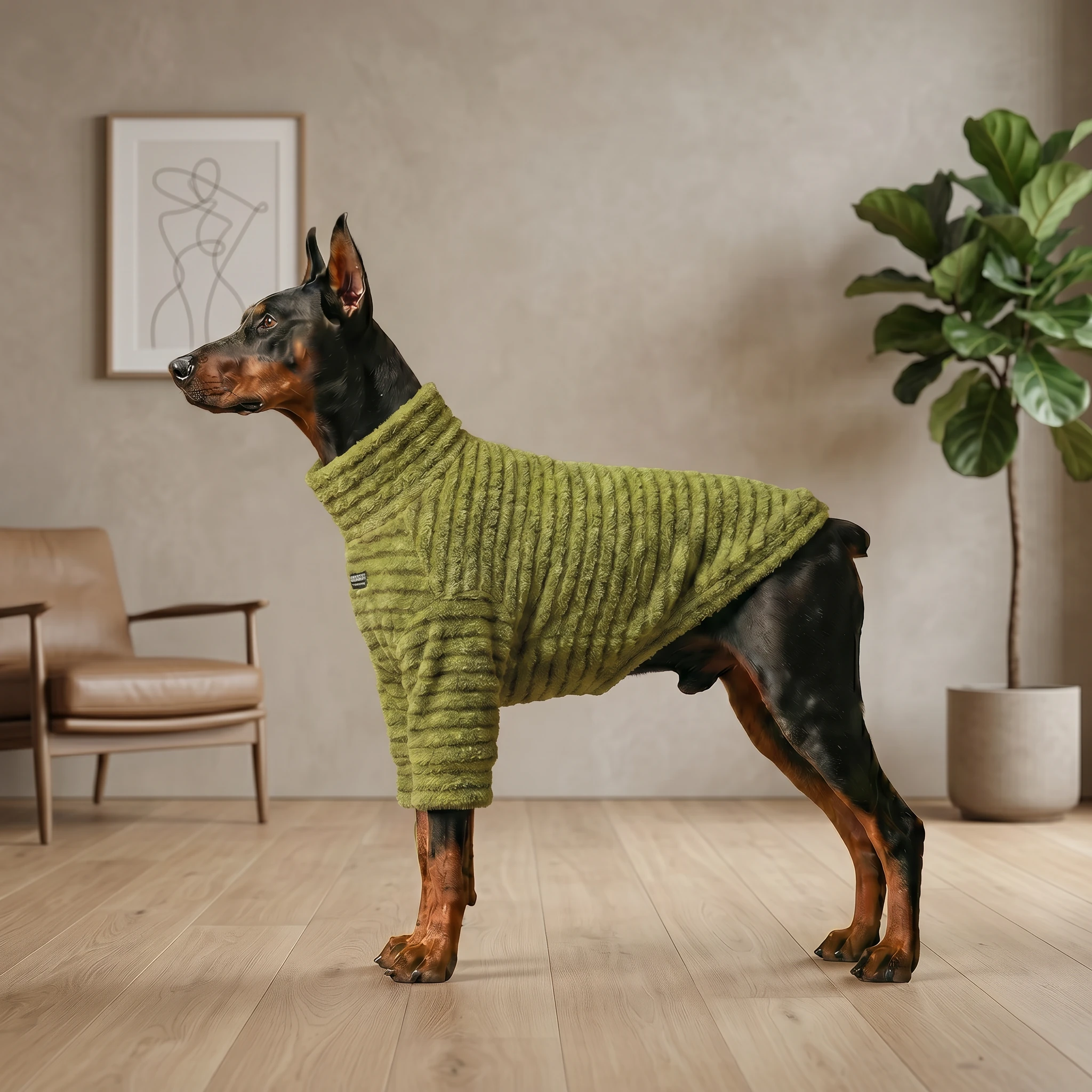 Doberman in olive green ribbed fleece sweater, soft textured fabric with high neck and sleek fit, calm minimalist style for deep-chested breeds, warm layer for cold weather walks