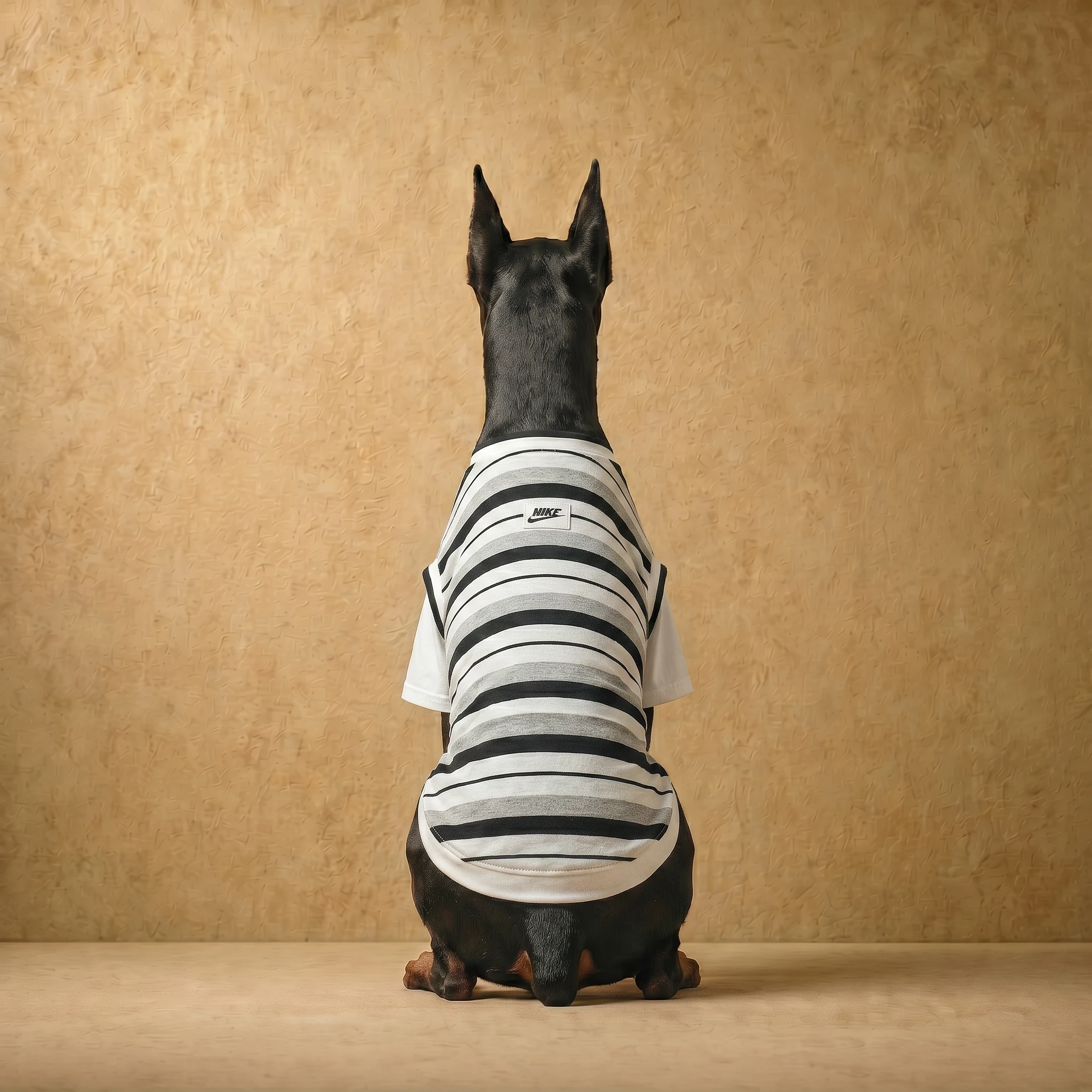 Doberman in a minimalist striped shirt with clean fit, showcasing deep-chested dog apparel in neutral tones, designed for comfort and movement.