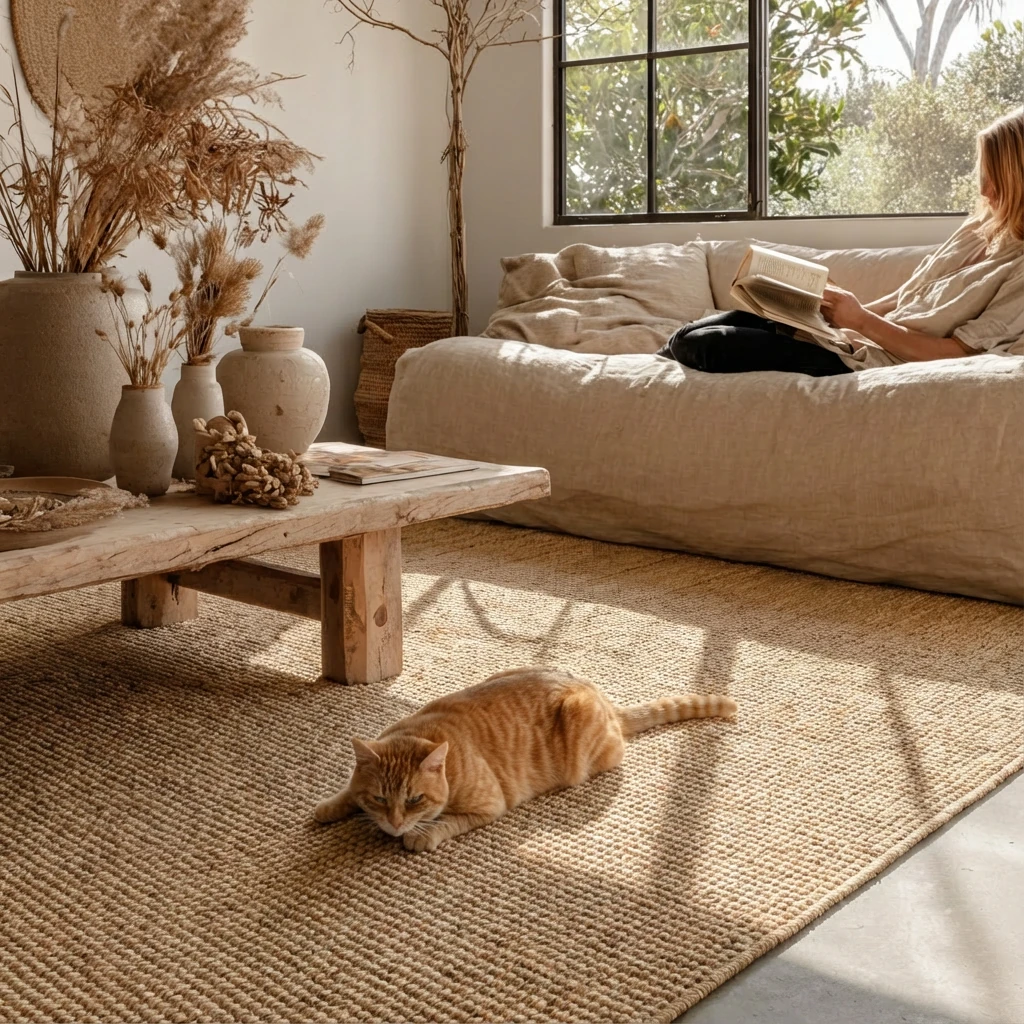 Natural woven rug in warm beige tones anchors a calm, minimalist living space with a relaxed cat lounging on its textured surface, embodying harmonious pet living.