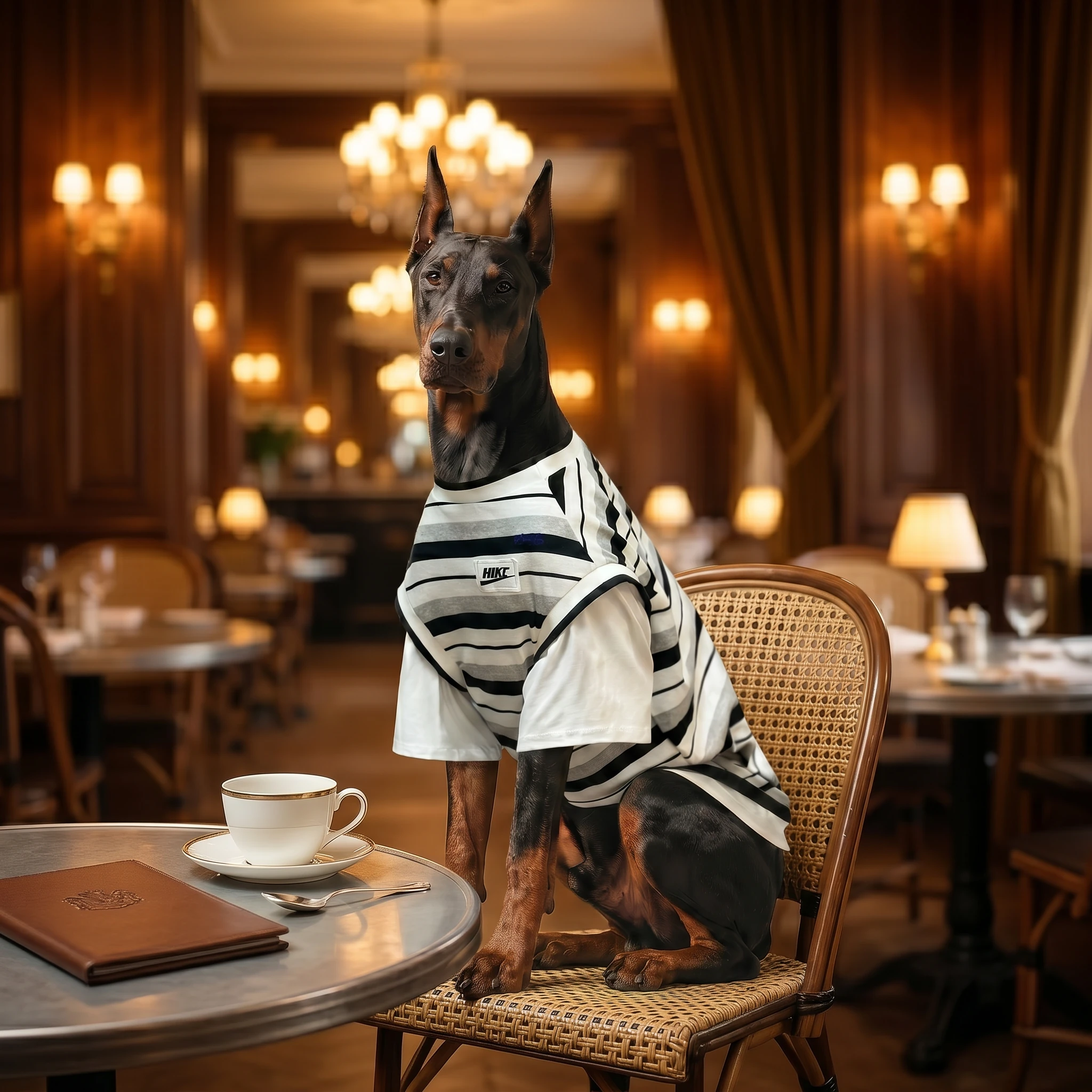 Doberman in minimalist striped shirt, stylishly seated at a café table, warm ambient lighting enhancing the soft fabric texture, calm and composed in a serene, wabi-sabi inspired setting.