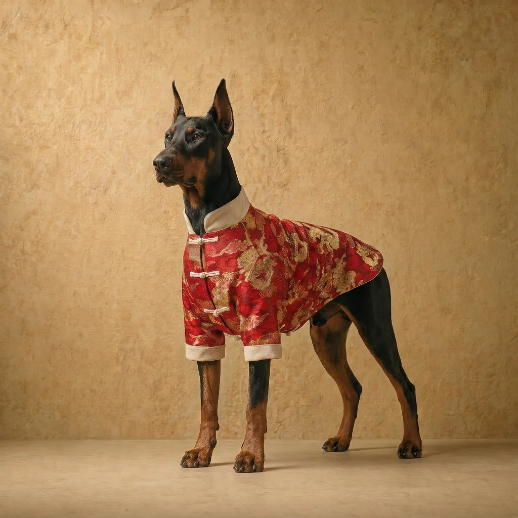 Doberman in NookPaws Heritage Coat, red brocade with gold dragons, structured fit for deep-chested breeds, warm lighting, minimalist backdrop
