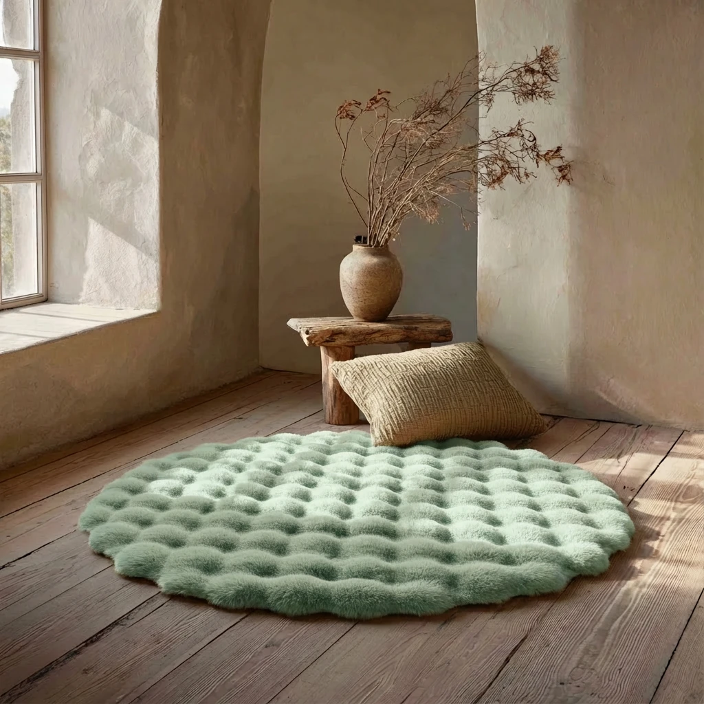 Sage green circular rug with cloud-soft bubble texture on rustic wood floor, nestled beside a woven pillow and natural wood stool, bathed in soft window light — harmonious pet living.