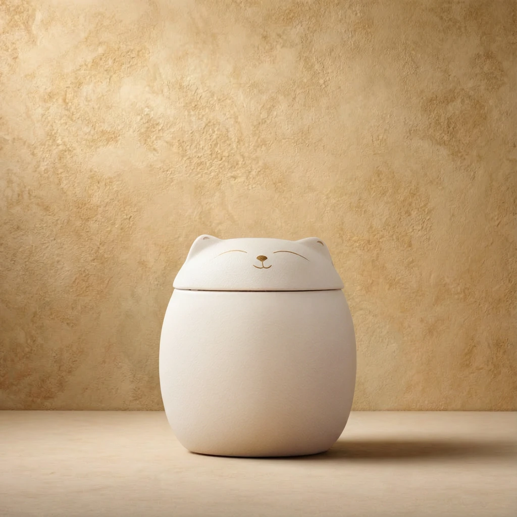 White ceramic pet memorial jar with a serene cat silhouette lid, featuring subtle gold detailing, set against a warm textured backdrop in a minimalist interior with wabi-sabi aesthetic.