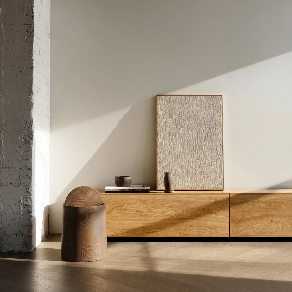 Faux-wood grain waste bin with concealed liner in a minimalist interior, complementing warm wood tones and soft natural light for harmonious pet living.