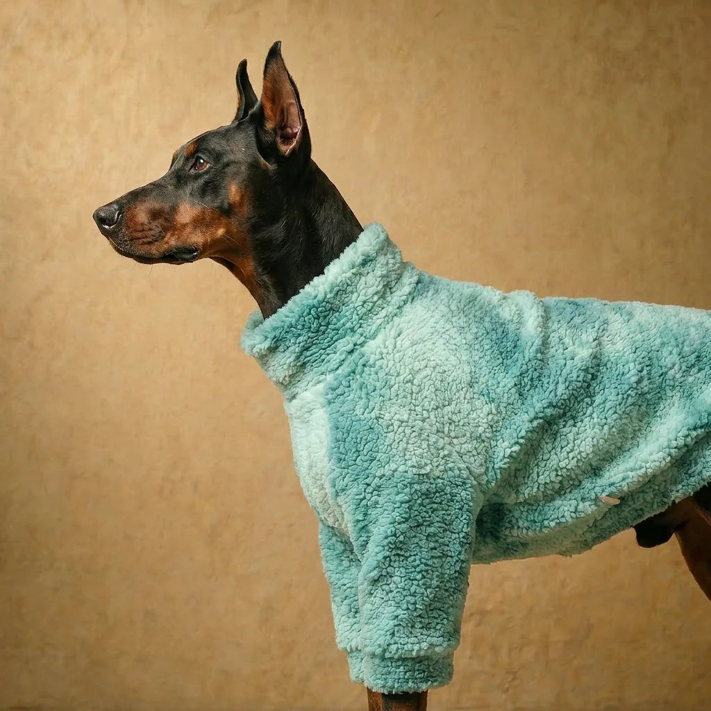 Doberman in soft mint sherpa fleece sweater, designed for deep-chested breeds — minimalist, functional, cozy winter layer with natural texture and calm elegance.