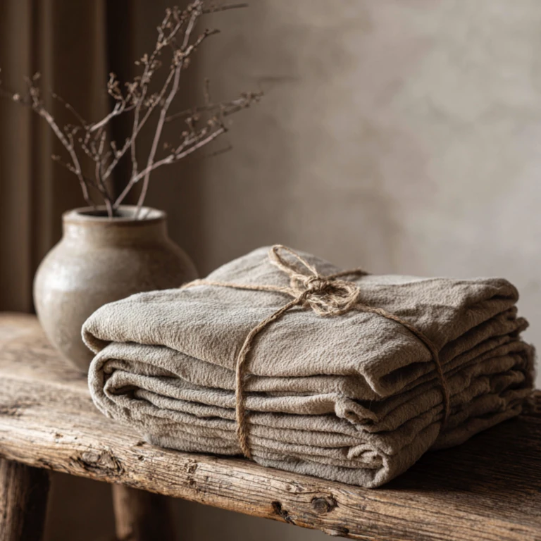 Folded beige Teddy velvet throw wrapped in natural twine, resting on rustic wood beside a ceramic vase with dried branches, embodying minimalist interior calm.