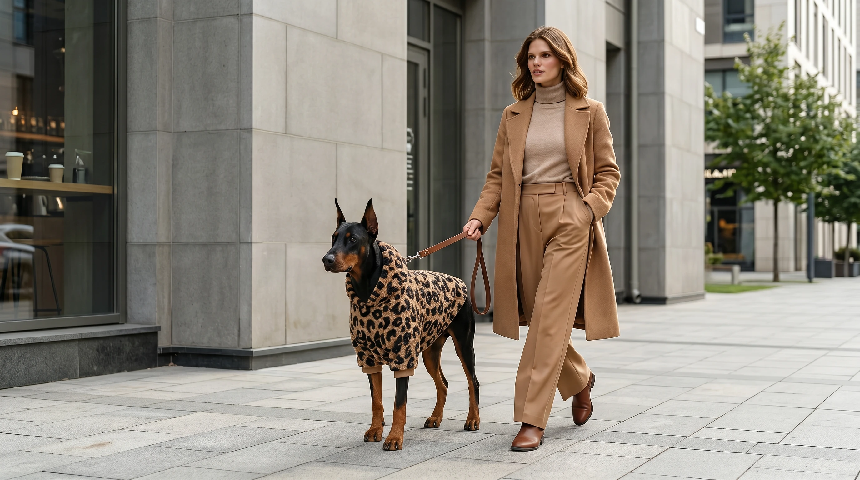 Doberman in NookPaws™ Deep Chest Sherpa Hoodie with leopard print, soft high-pile fleece for warm comfort, walking city streets with owner in minimalist style