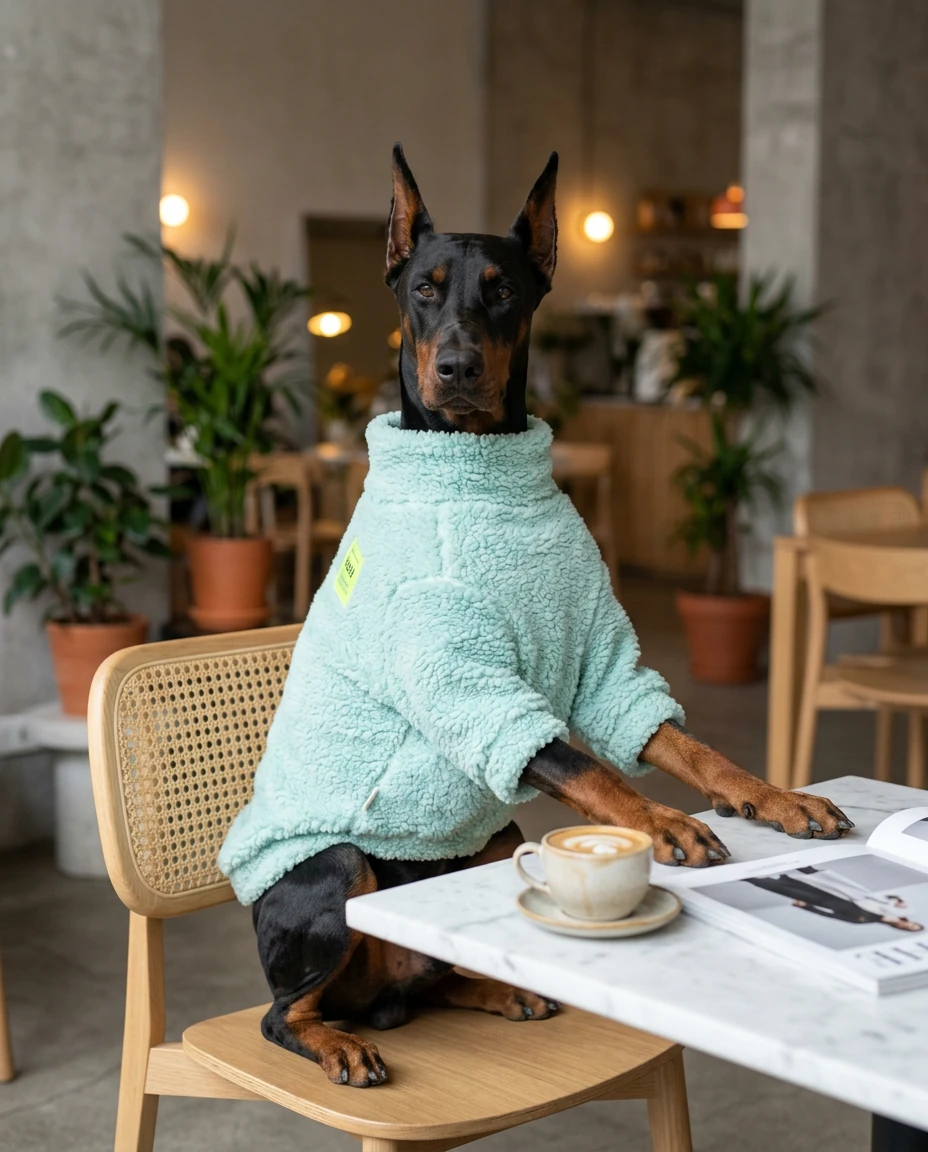 Doberman in mint sherpa fleece sweater, seated at marble table with latte—deep-chested fit, minimalist design, soft texture, warm lighting.