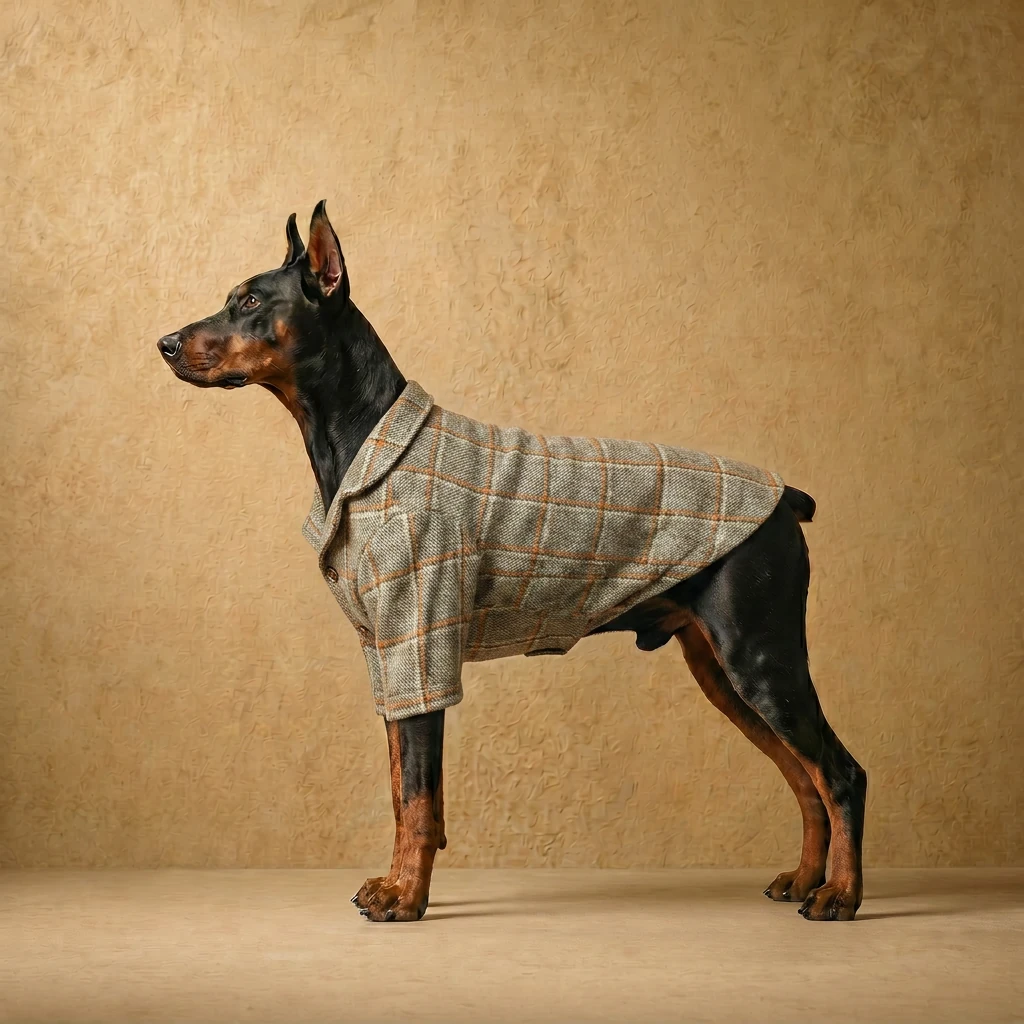 Doberman in a tailored wool-blend blazer with a structured plaid design, featuring a clean fit over the deep chest and athletic build, in neutral tones.