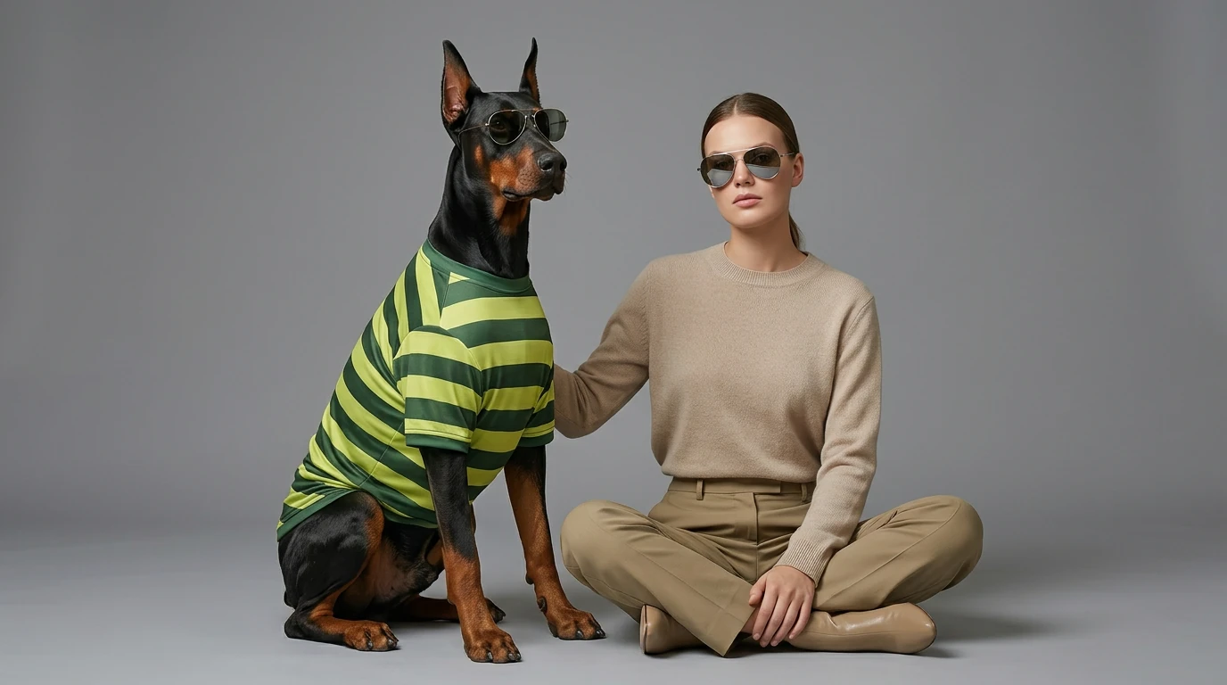 Doberman in NookPaws Deep Chest Striped Layer — breathable, minimalist tee in chartreuse and olive stripes, designed for deep-chested breeds, styled with neutral tones and soft studio lighting.