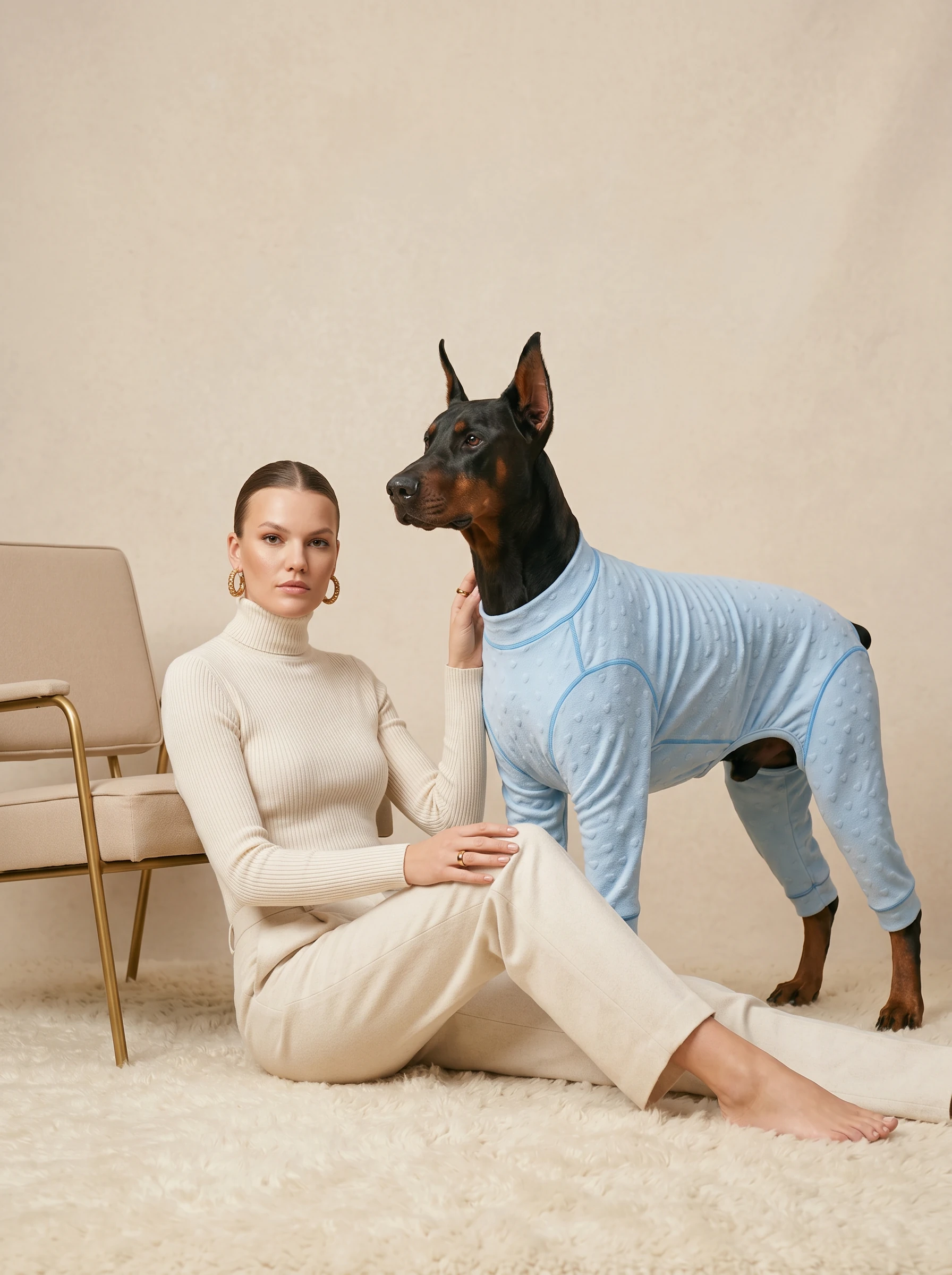 Doberman in light blue NookPaws Deep Chest Indoor Layer, a minimalist dog recovery suit with textured fabric, shown in soft studio light beside a woman on a cream rug.