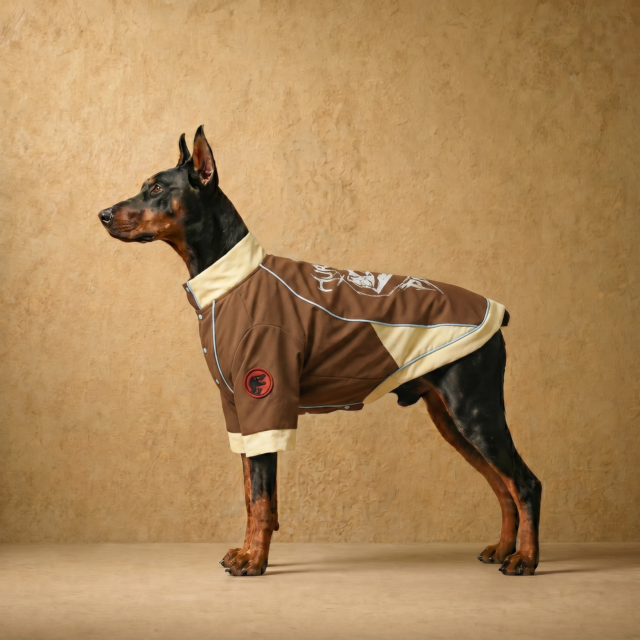 Doberman in a structured brown and cream winter coat with clean lines and athletic fit, featuring subtle white detailing and a red patch, designed for deep-chested dogs.