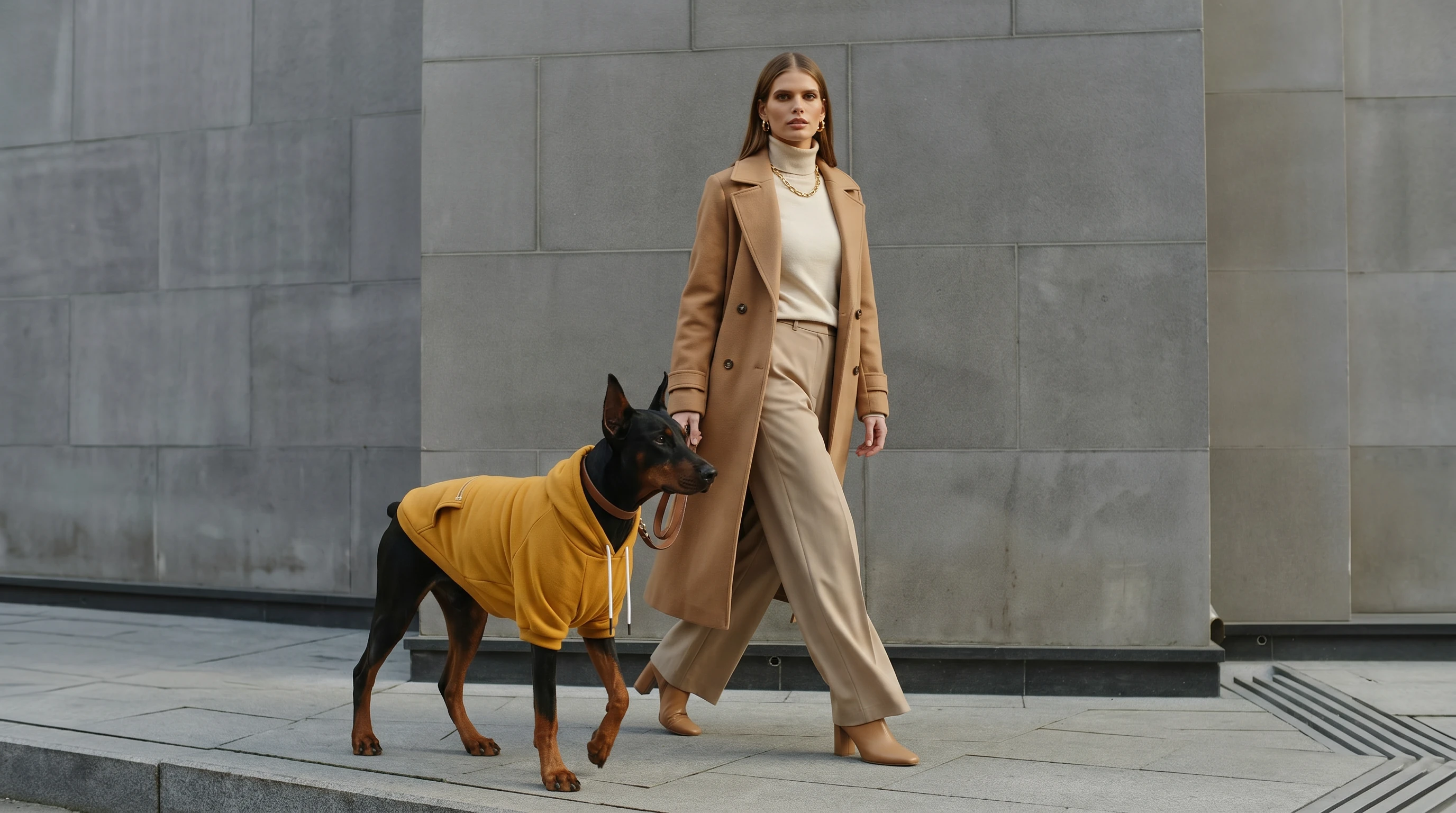 Doberman in mustard NookPaws deep chest dog hoodie, mid-weight knit with white drawstrings, walking beside owner in natural light against textured gray stone, minimalist urban setting