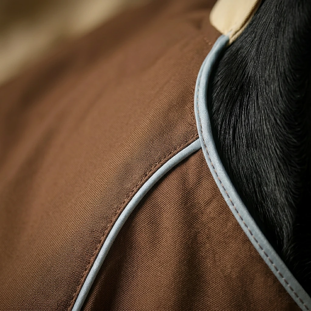 Close-up of a Doberman's back in a minimalist brown winter coat with soft blue piping, showcasing tailored fit and durable fabric texture in warm, natural lighting.