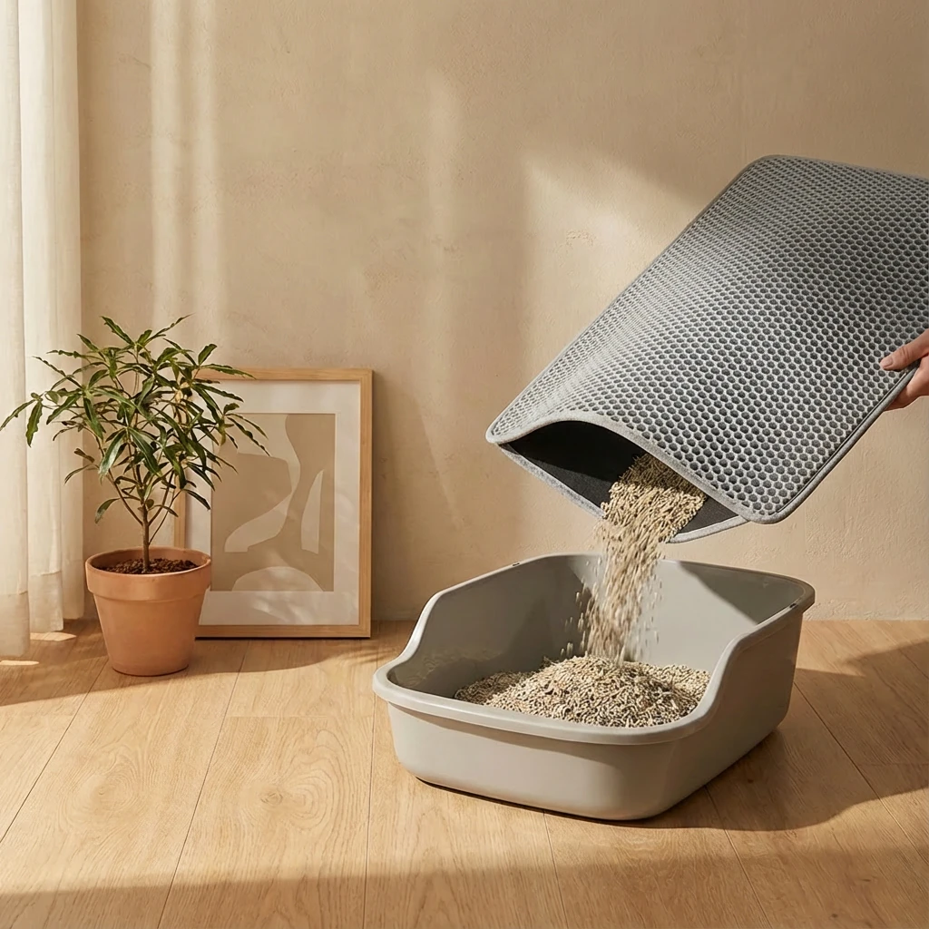 Gray double-layer litter mat with honeycomb texture being tilted to pour trapped litter into a modern cat litter box, set in a calm minimalist interior with soft wood flooring and natural light.