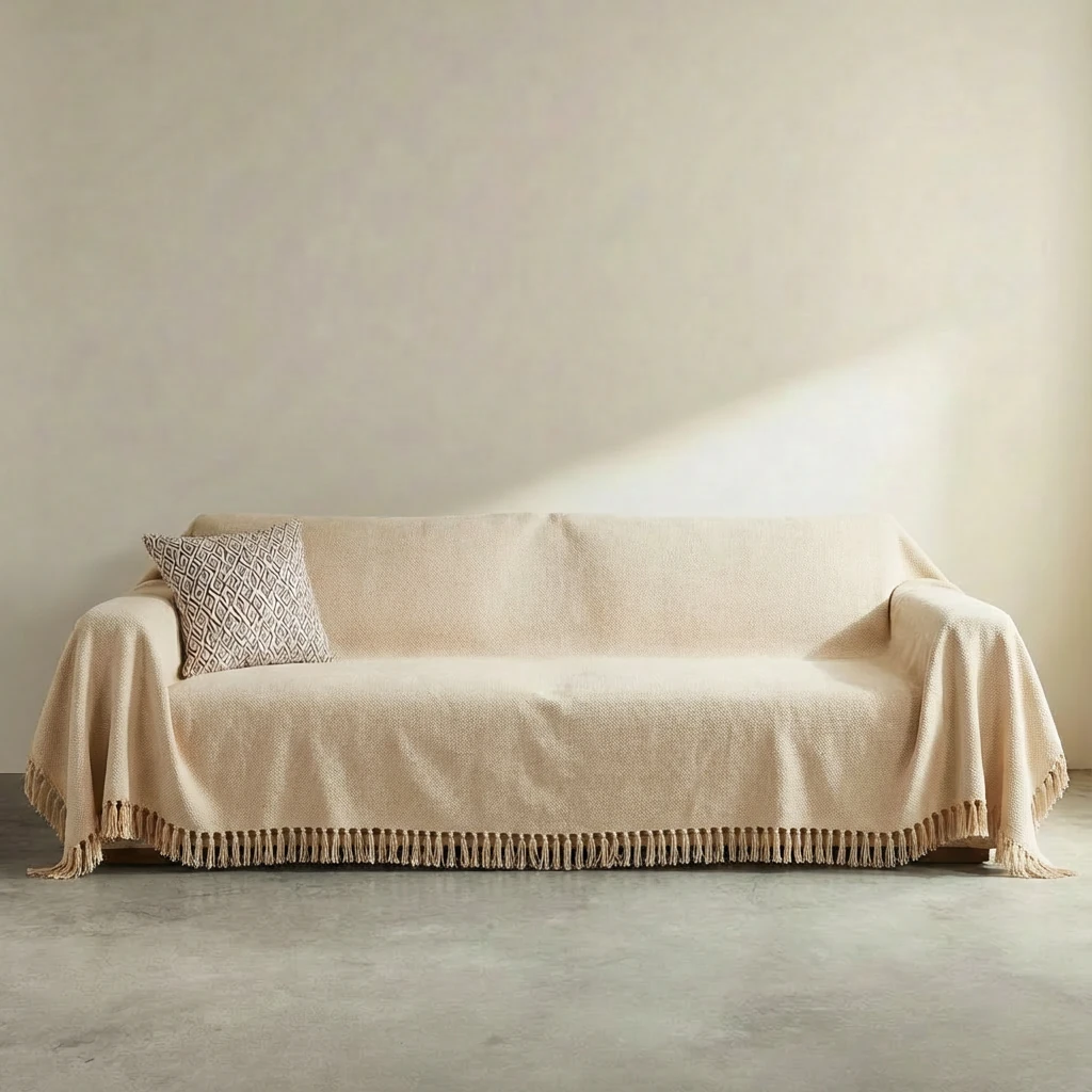 Cream white Teddy velvet sofa cover with fringe drapes softly over a minimalist sofa, complementing a calm, neutral living space with a single patterned pillow. scratch resistant fabric