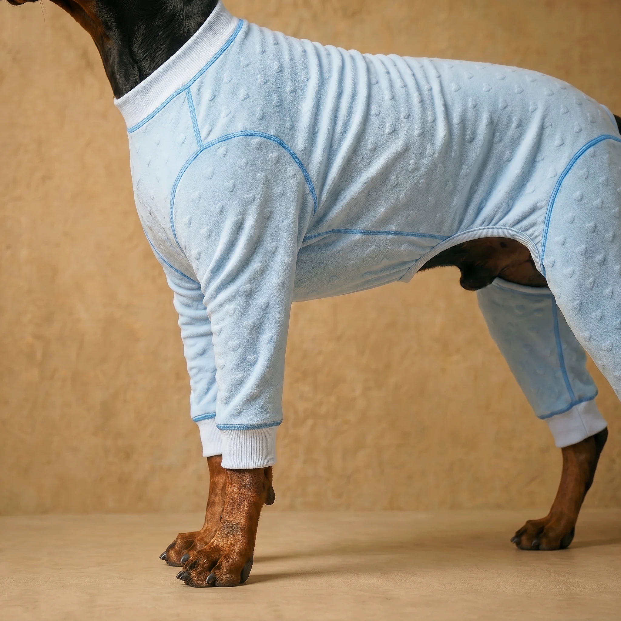Doberman in soft blue textured recovery suit for deep-chested breeds, featuring heart-dot fabric and snug fit, warm indoor layer with minimalist design and breathability.