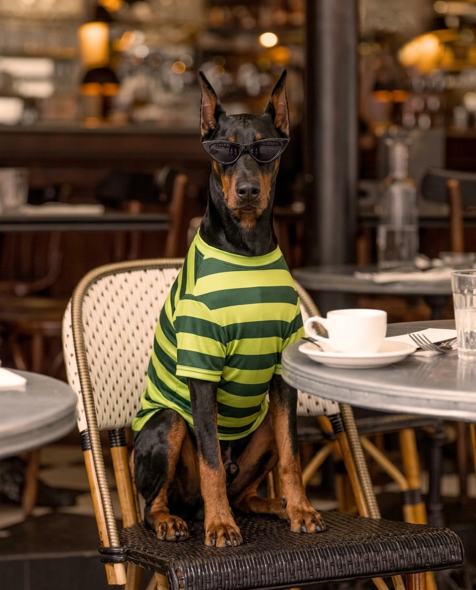 Doberman in NookPaws Deep Chest Striped Layer, lime and forest green stripes, seated at café table, soft ambient lighting, minimalist dog apparel for deep-chested breeds.