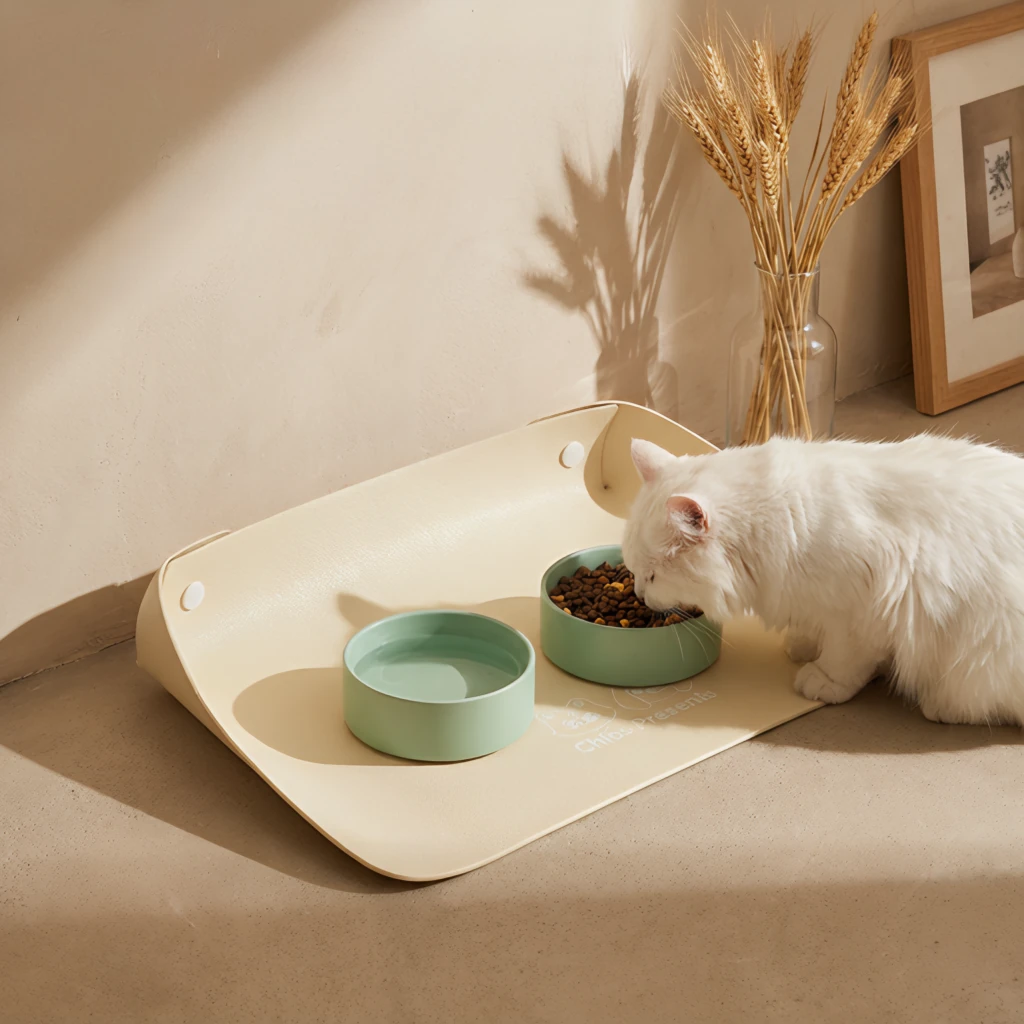 Cream leather pet feeding mat with semi-enclosed edges holds mint bowls as a fluffy white cat eats, set in a calm minimalist interior with soft shadows and natural textures.