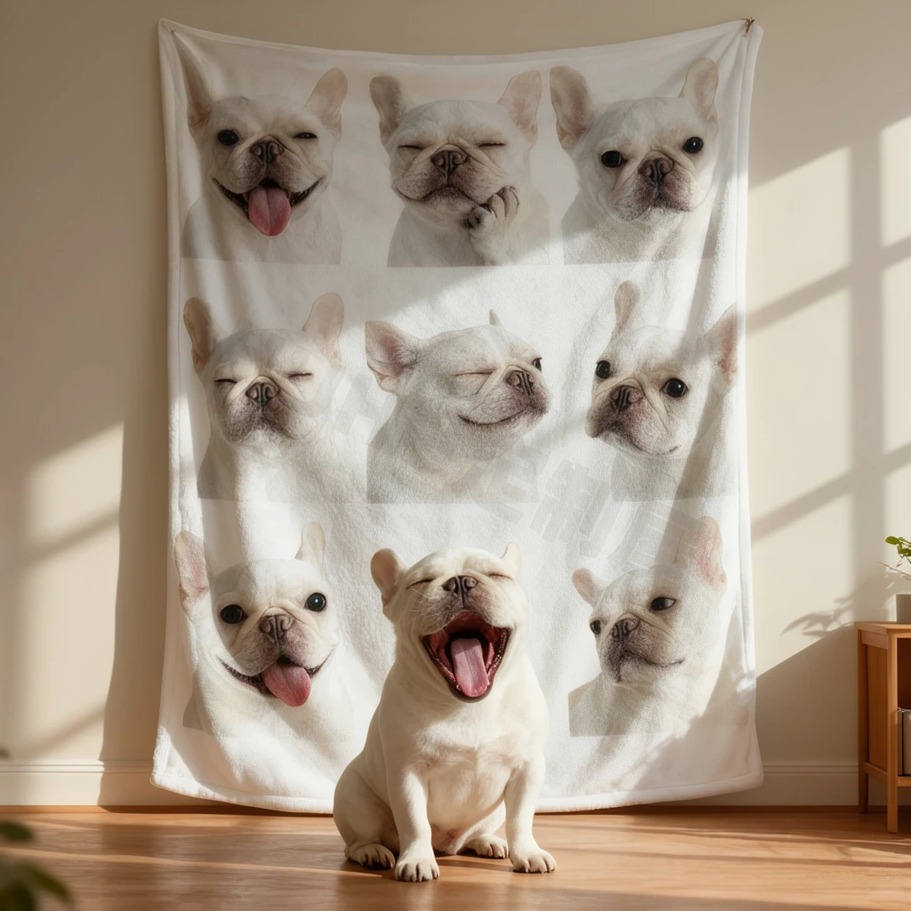 Soft flannel throw with nine-grid portrait of a smiling French Bulldog, draped in a minimalist interior with warm sunlight and calm, pet-friendly styling.