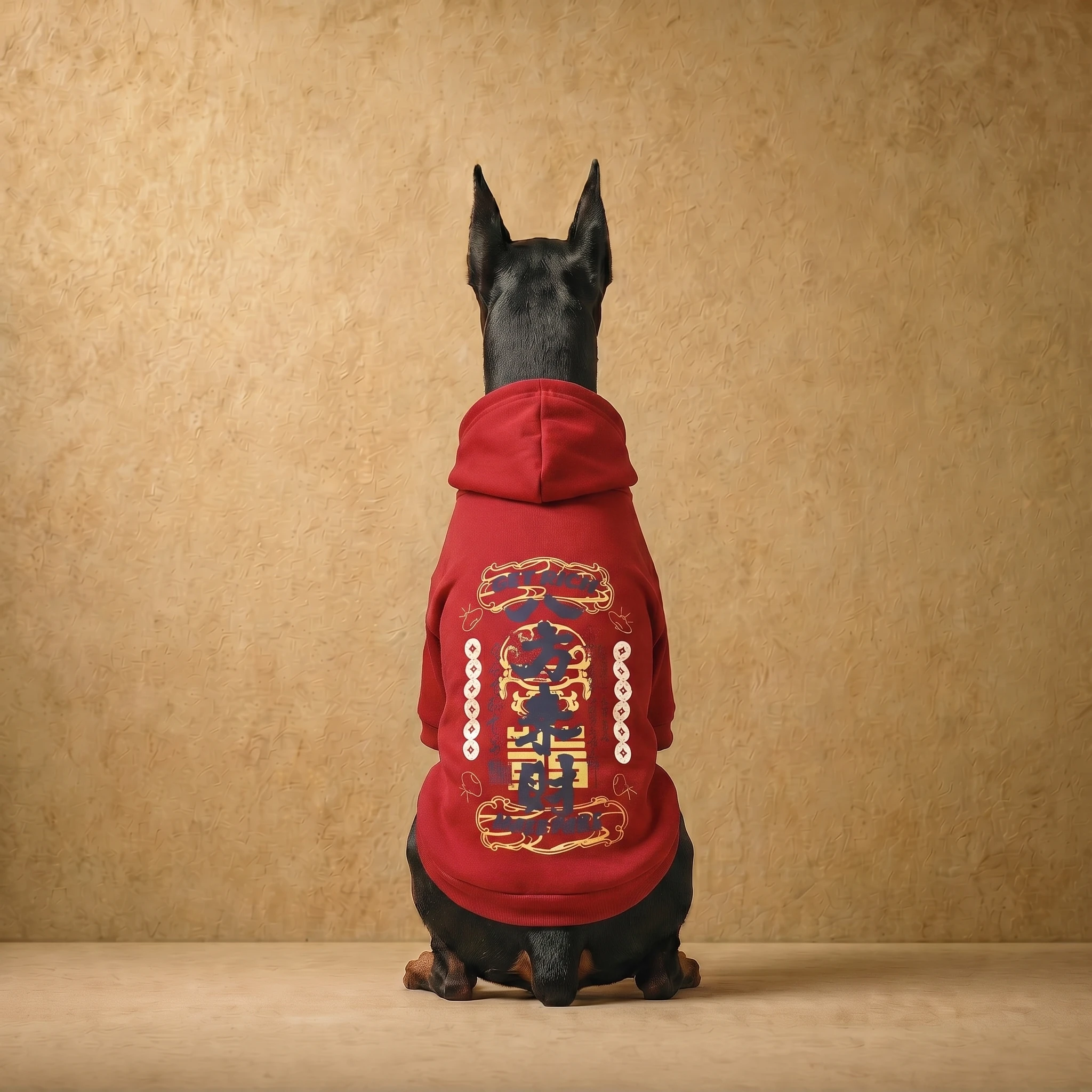 Doberman wearing a deep-red fleece hoodie with gold and black graphic, tailored for deep chests, shown from behind against a warm textured backdrop.