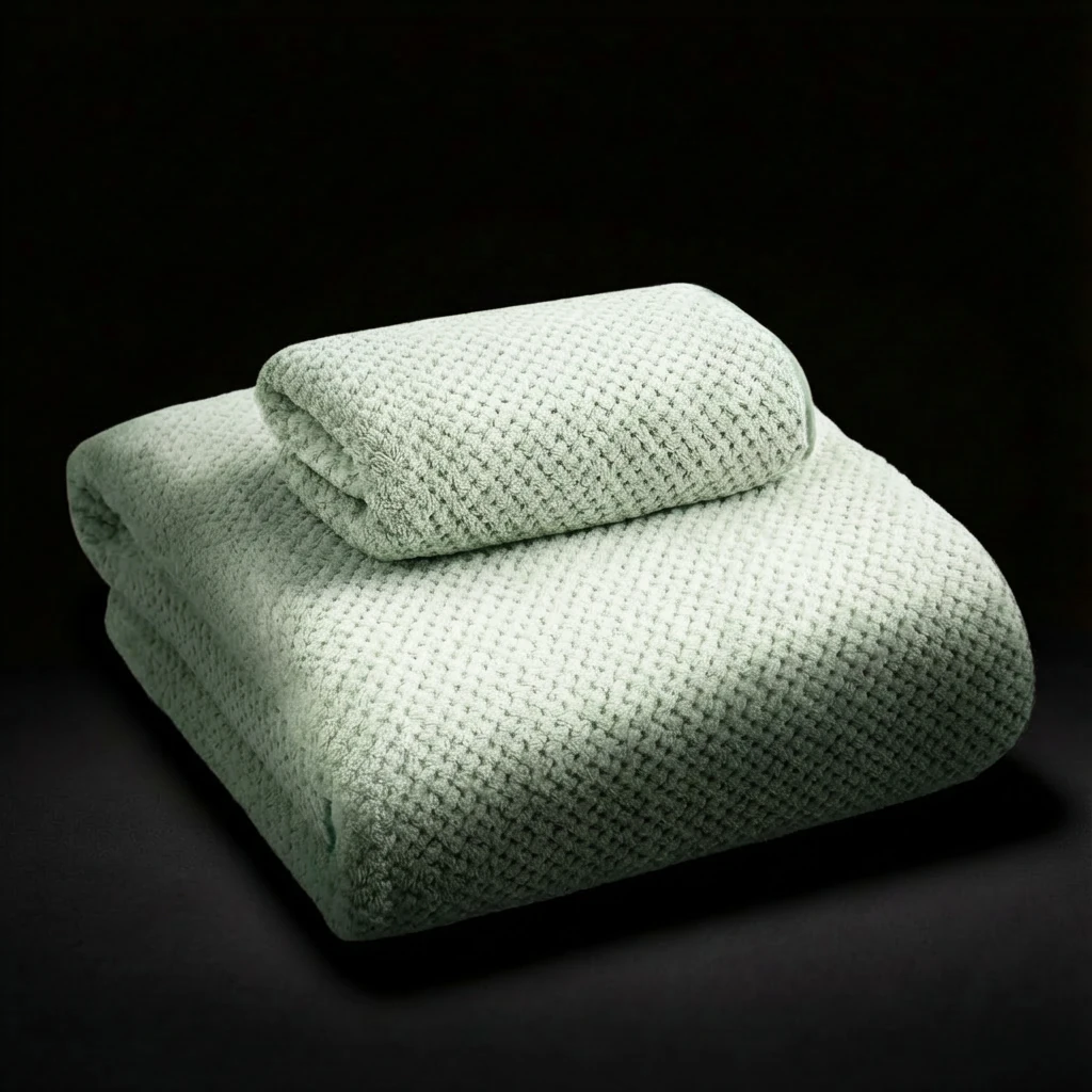 Soft matcha green waffle-weave coral fleece towels, folded neatly in minimalist presentation, showcasing tactile texture and calm interior styling.