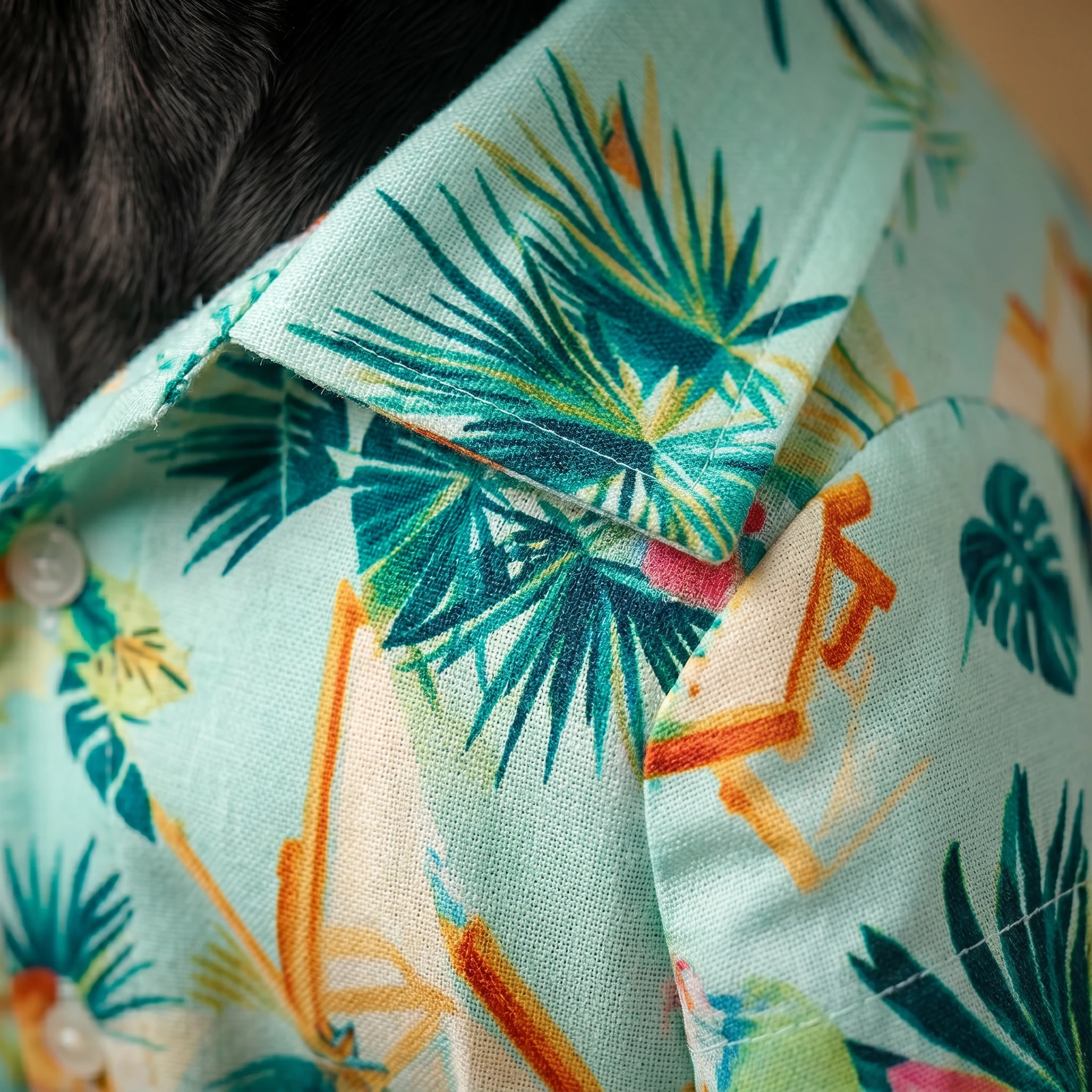 Lightweight tropical-print shirt for deep-chested dogs, featuring breathable fabric with crisp weave, soft shell buttons, and vibrant leaf patterns in mint, teal, and coral, designed for calm, functional summer wear.