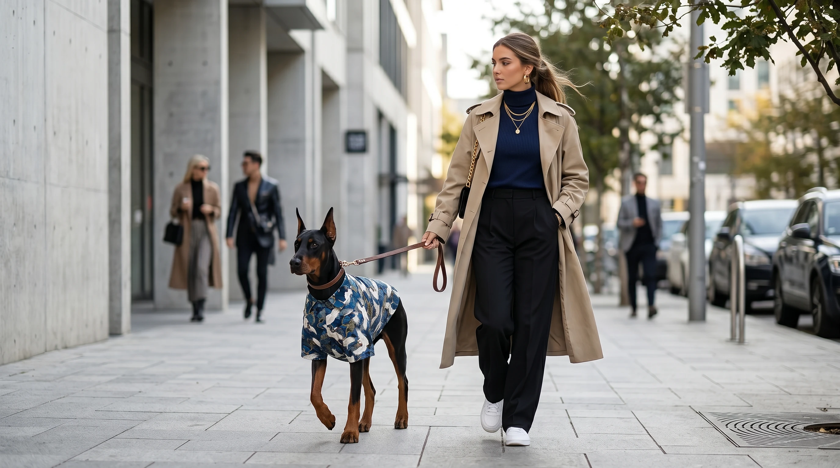 Doberman in NookPaws™ lightweight shirt with crane pattern, walking beside owner on city sidewalk — breathable, athletic-cut apparel for deep-chested dogs in soft diffused light.