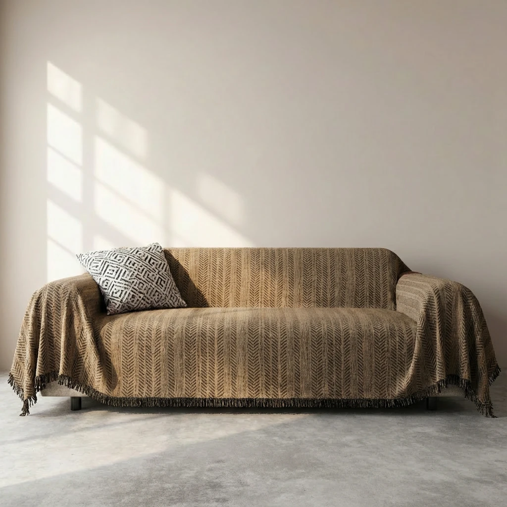 Soft chevron woven chenille throw in coffee tones drapes a minimalist sofa, its textured fringe adding warmth to a calm, sunlit living space with wabi-sabi charm.