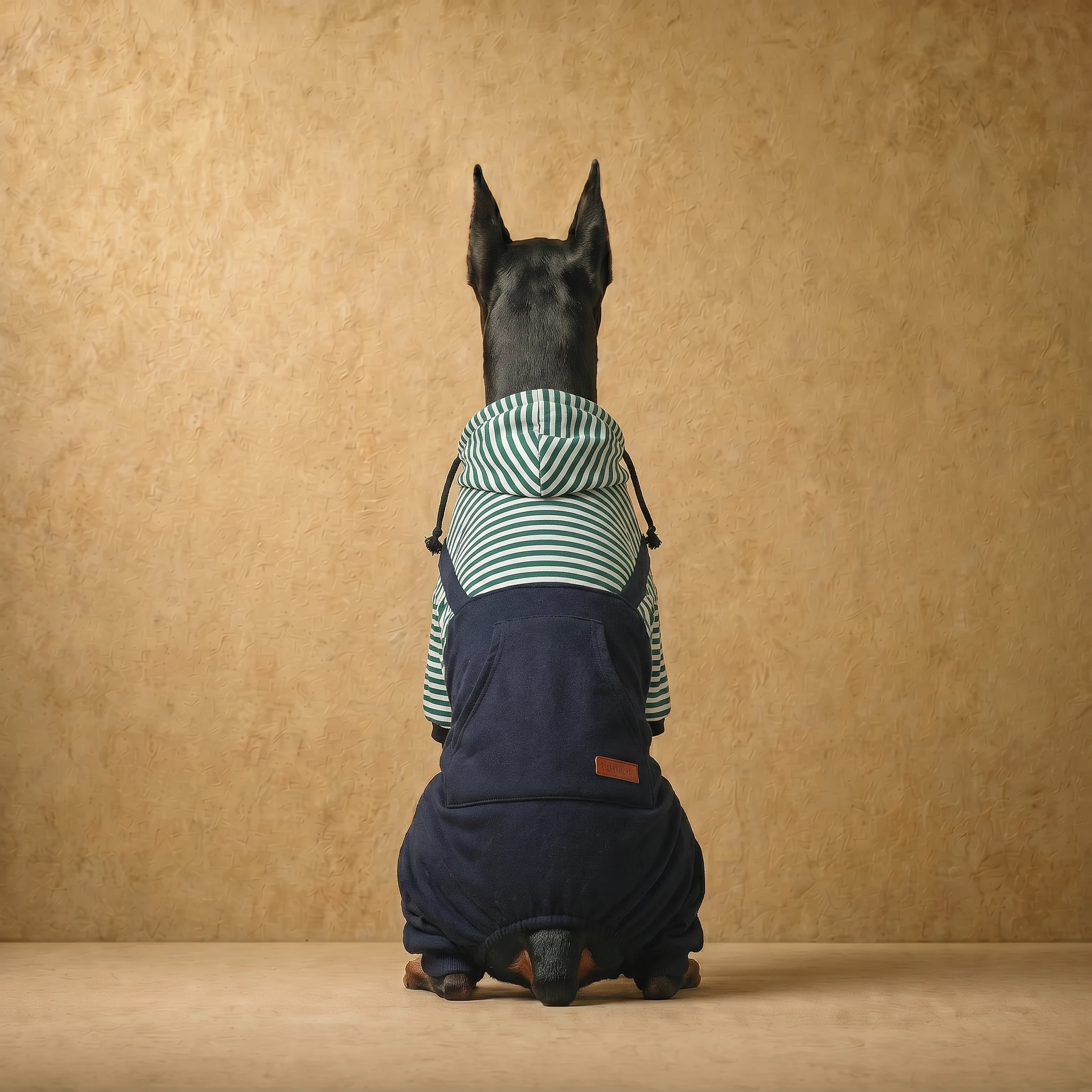 Doberman in a striped hoodie layered under a navy full-coverage fleece suit, showcasing a tailored fit for deep-chested breeds with clean lines and functional design.