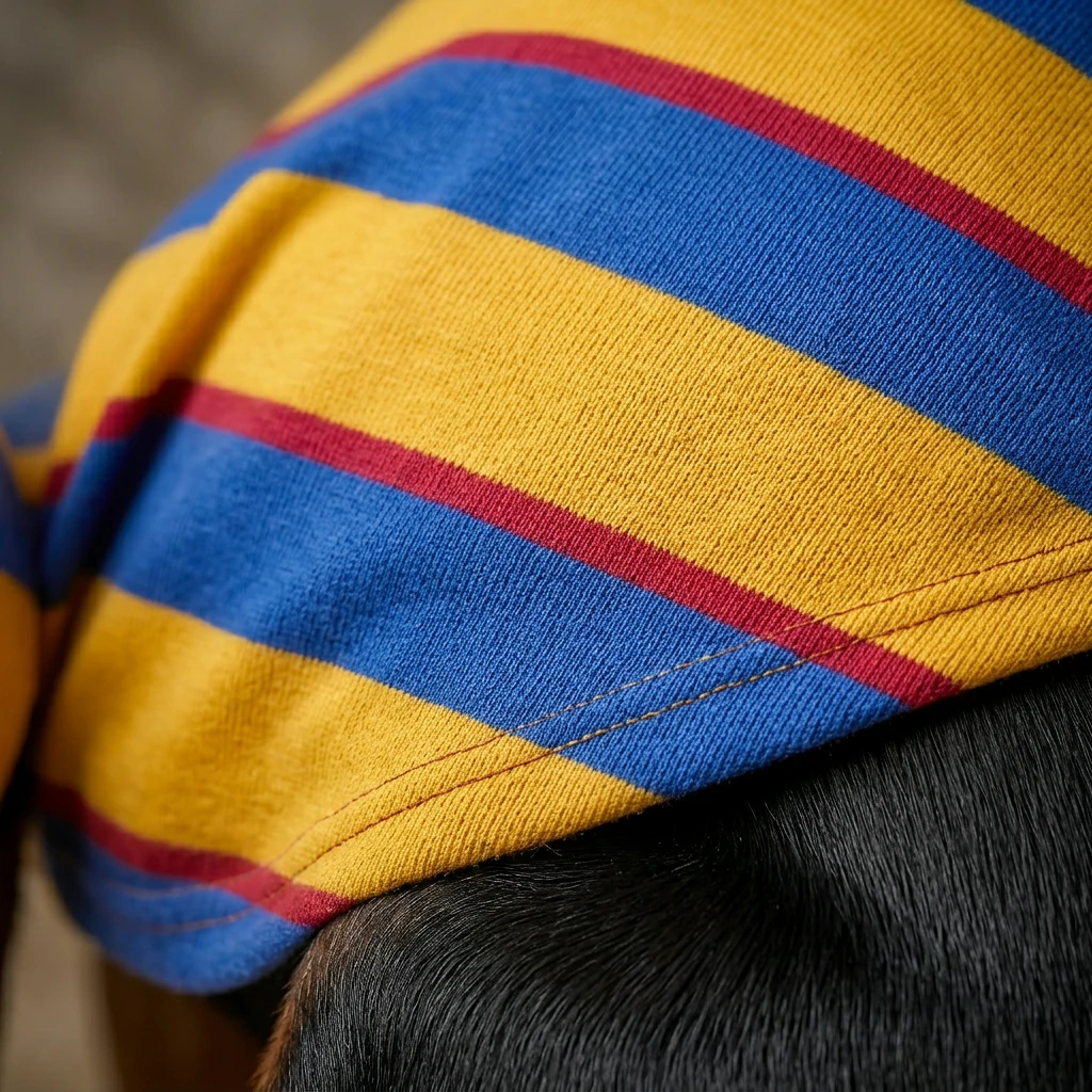NookPaws Deep-Chest Striped Layer in soft cotton blend, featuring bold blue, yellow, and red stripes, snugly fit on a Doberman’s athletic frame under natural light.
