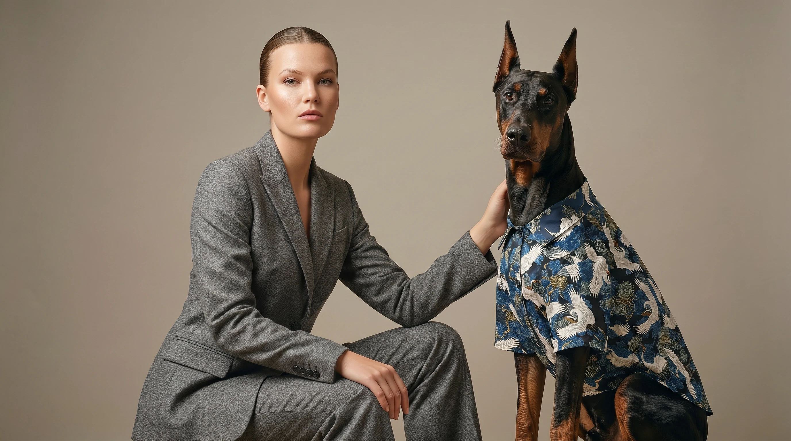 Doberman in lightweight, breathable shirt with crane-print fabric, designed for deep-chested breeds; minimalist aesthetic, soft studio lighting, calm interaction with owner in neutral tones.