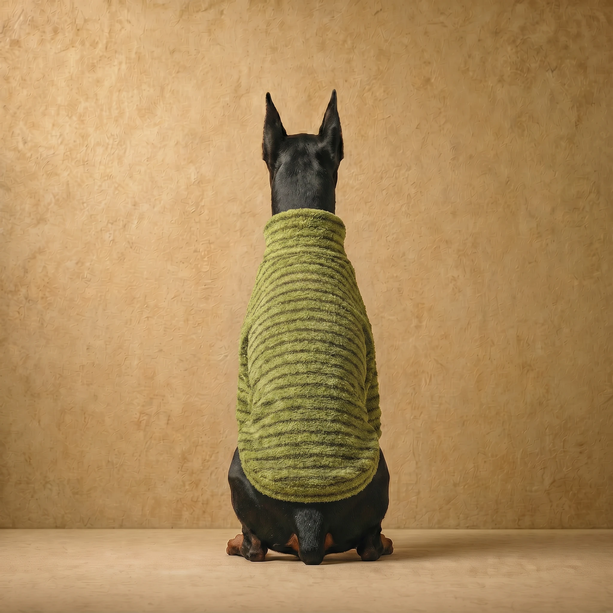 Doberman in a high-neck striped fleece sweater, olive and charcoal, with a close athletic fit, showcasing deep-chested dog apparel in a minimalist studio setting.