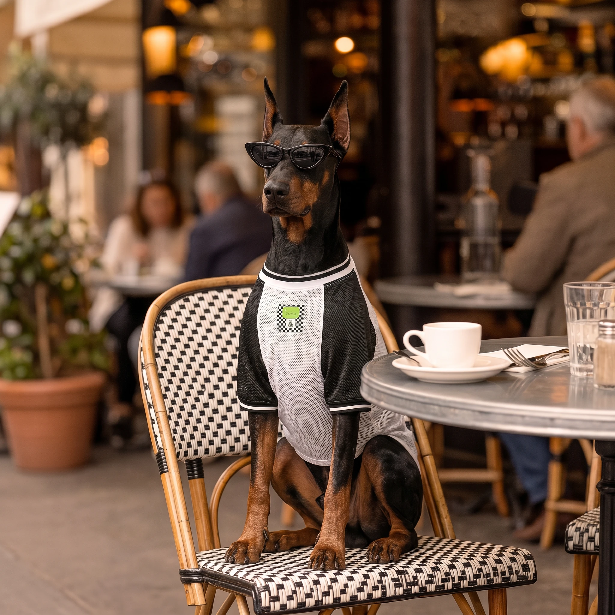 Doberman in minimalist black and white mesh vest with subtle logo, seated at outdoor café, warm ambient lighting, calm urban setting, breathable large-breed apparel design