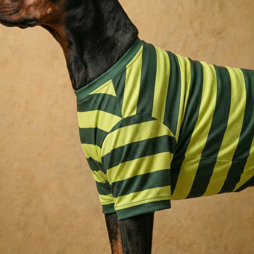 Doberman in NookPaws™ Deep Chest Striped Layer — breathable, minimalist tee with green and lime stripes, tailored for deep-chested breeds, soft fabric, warm natural lighting.