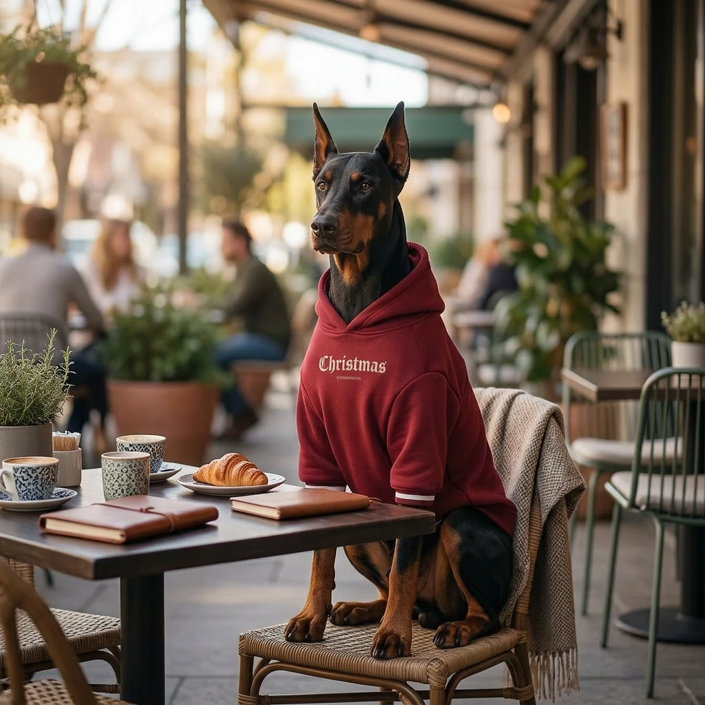 Doberman in NookPaws fleece hoodie at café, soft maroon fabric with minimal "Christmas" lettering, warm afternoon light, calm urban setting