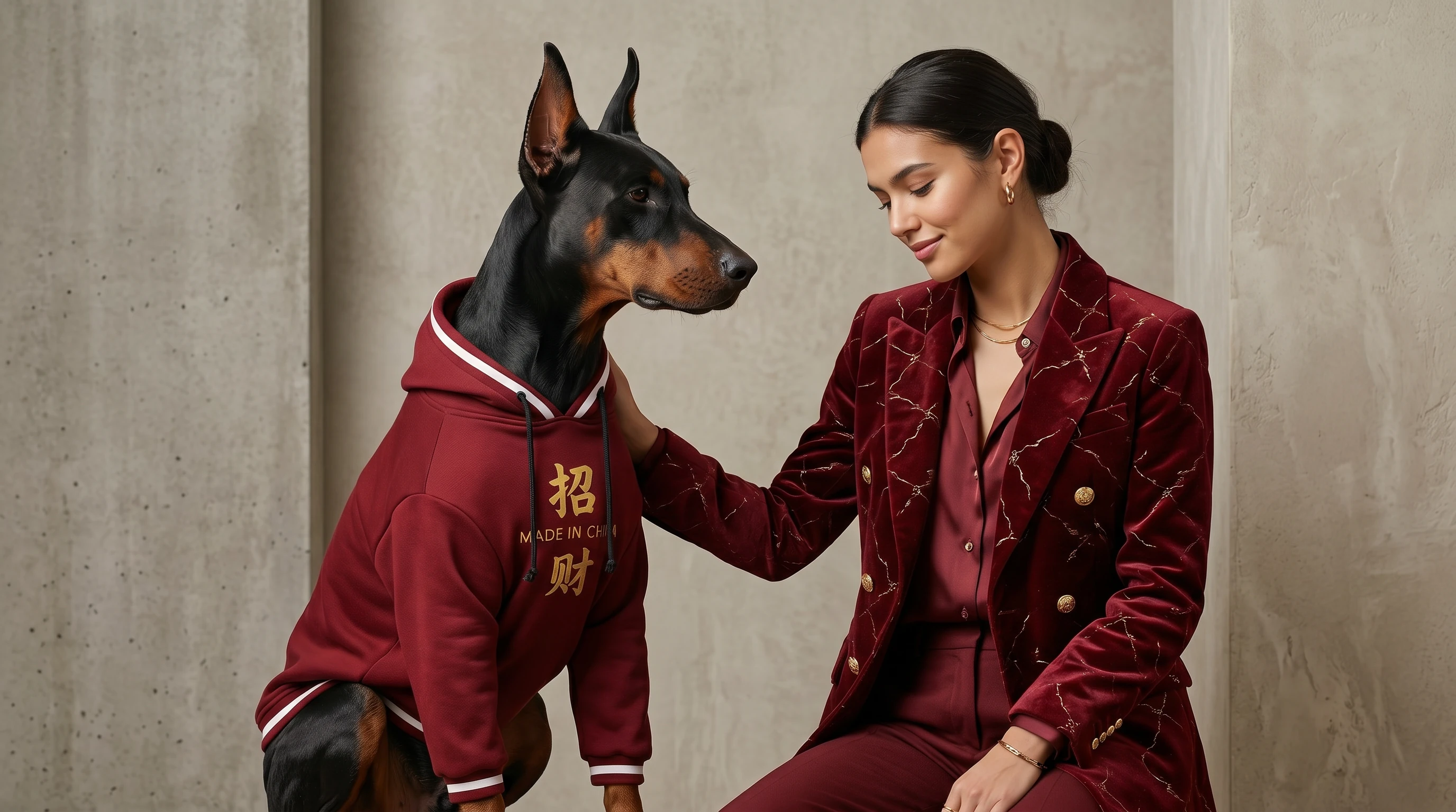 Doberman in NookPaws™ Deep Chest Fleece Hoodie, rich burgundy fleece with gold lettering, sits calmly beside woman in matching suit, minimalist concrete backdrop, soft textured light.