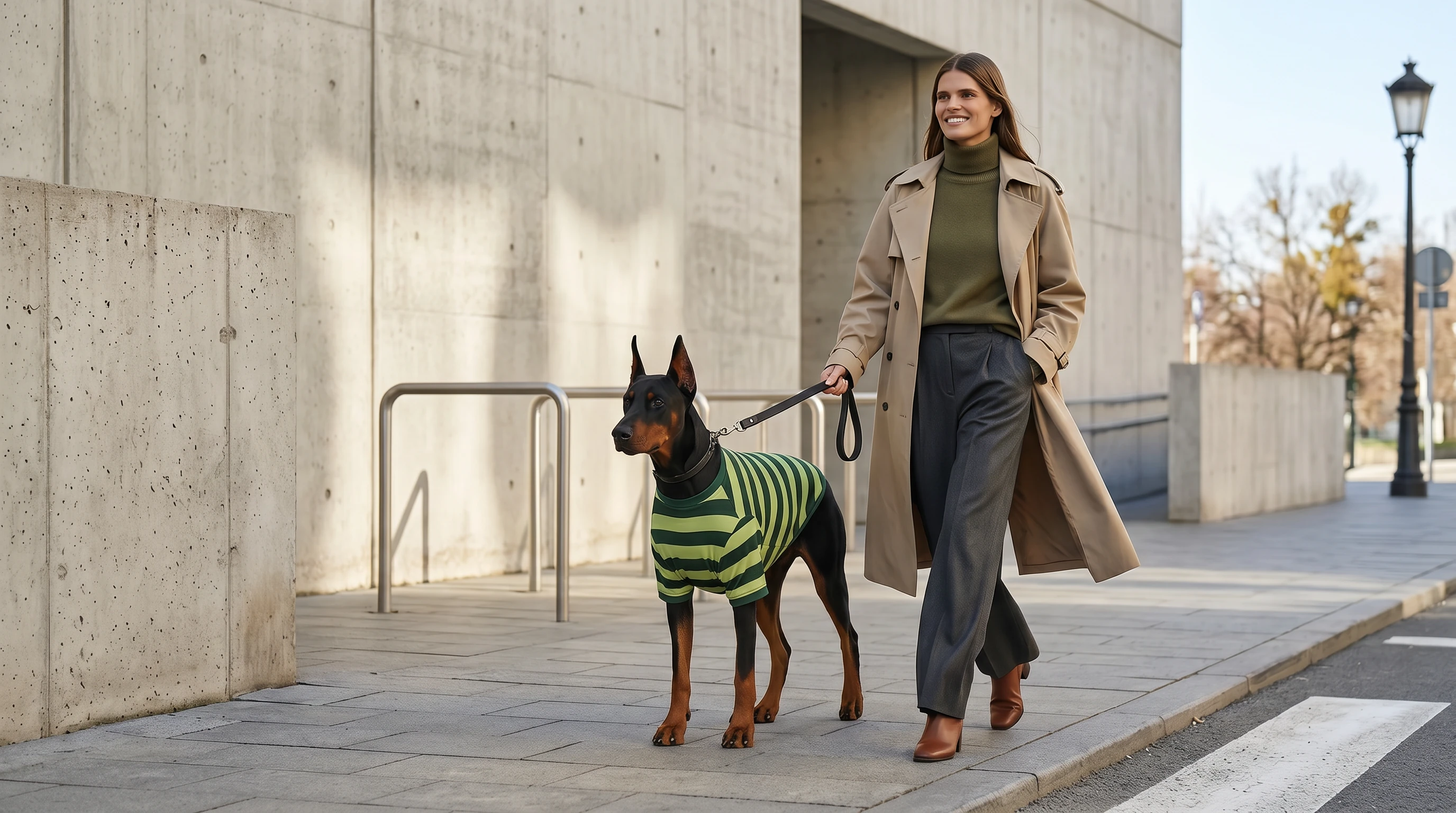 Doberman in NookPaws Deep Chest Striped Layer — minimalist green tee for deep-chested dogs, soft breathable fabric, urban sidewalk walk under soft sunlight, calm functional fit
