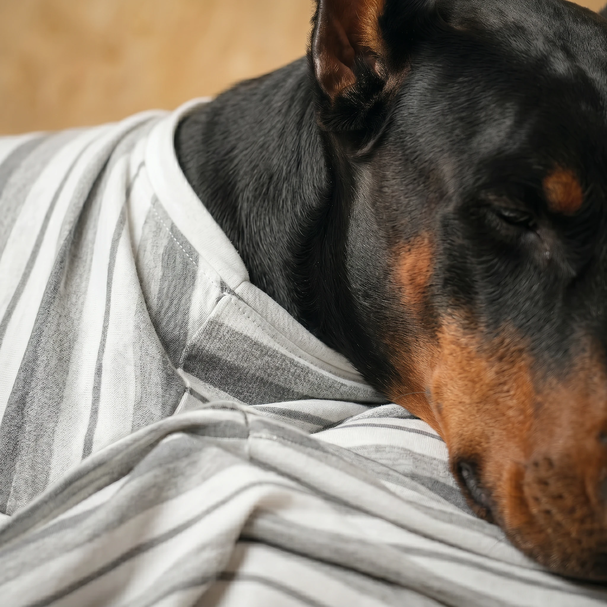 Doberman resting in NookPaws™ striped shirt, soft breathable fabric draping naturally over deep chest, minimalist design for calm comfort and effortless fit.