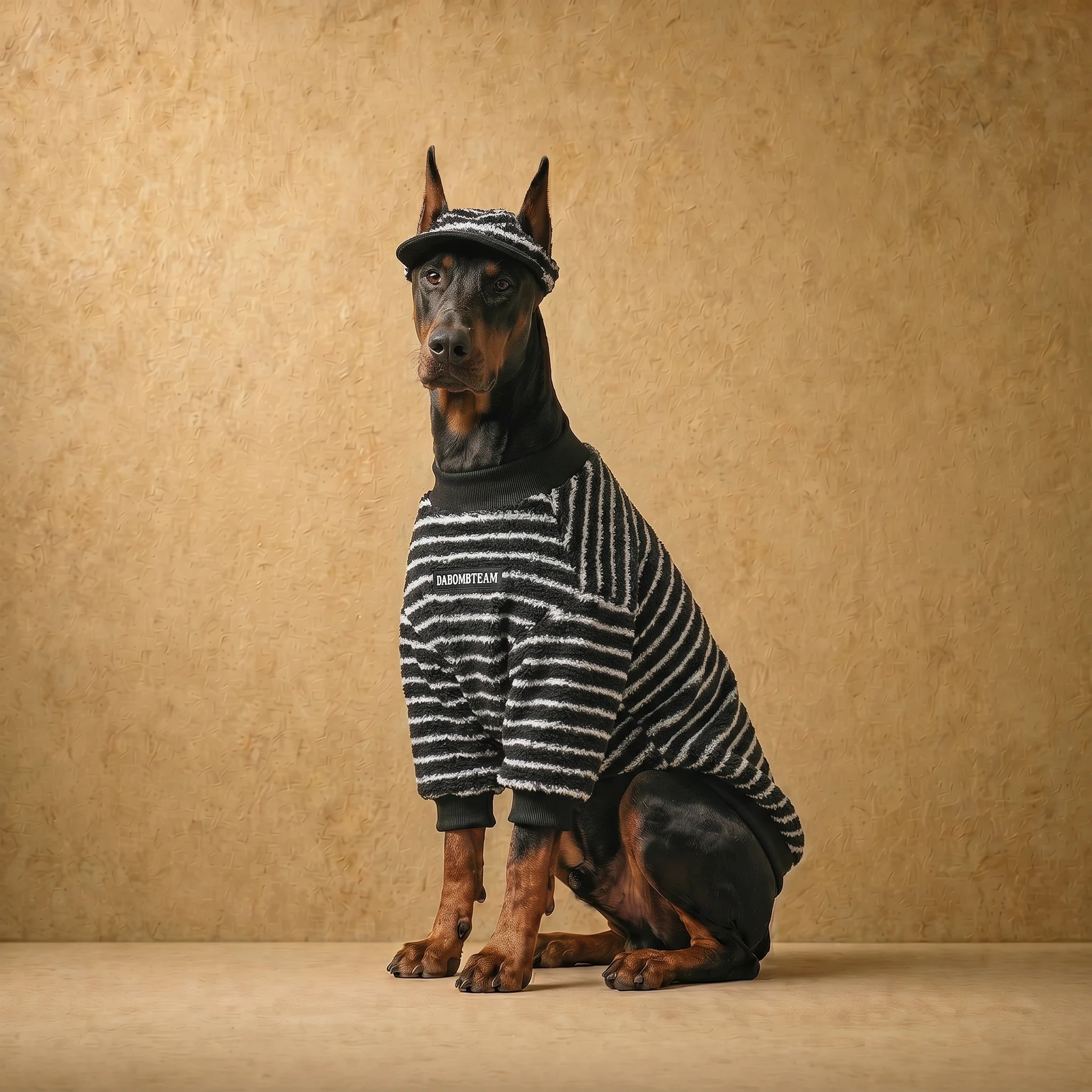 Doberman in a slate black and white striped fleece sweater with ribbed cuffs, sitting upright against a warm textured backdrop; clothes that fit dobermans with a close athletic fit and clean neutral tone.