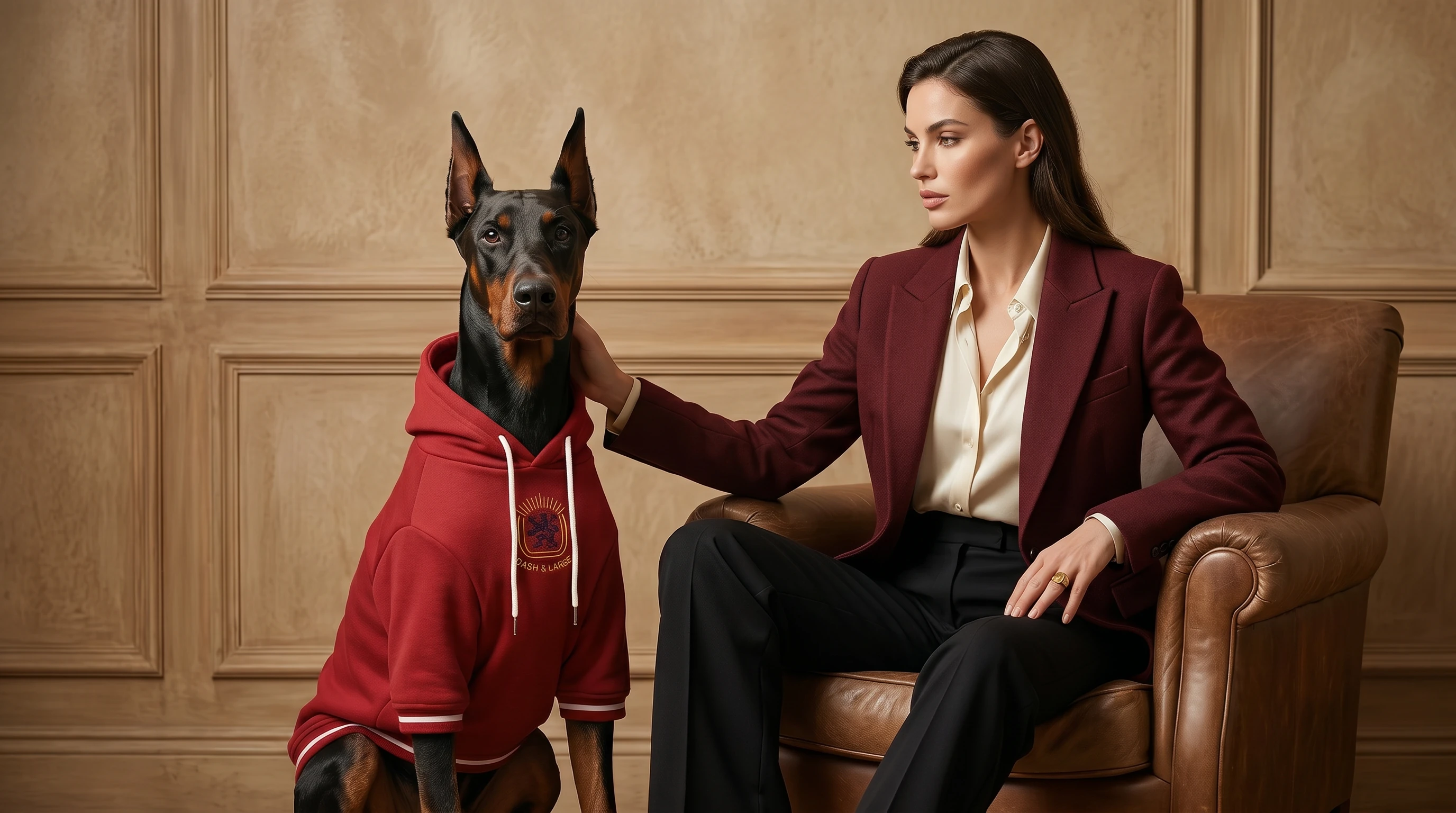 Doberman in NookPaws™ Heritage Red Deep-Chest Hoodie, a heavyweight fleece layer designed for large breeds, featuring soft texture and minimalist fit, paired with warm ambient lighting and a calm, sophisticated aesthetic.
