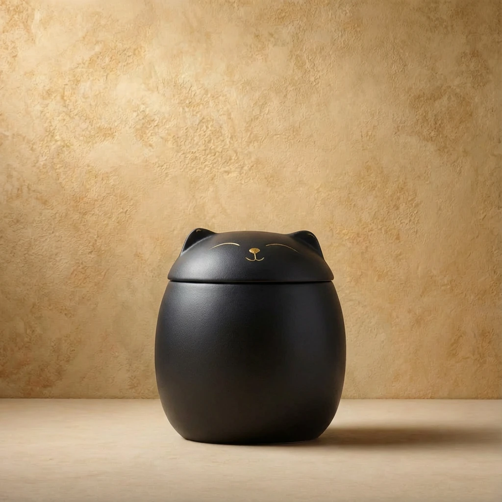 Matte black ceramic pet memorial jar with minimalist cat silhouette and gold accents, set against a warm textured backdrop, embodying calm interior styling and harmonious pet living.