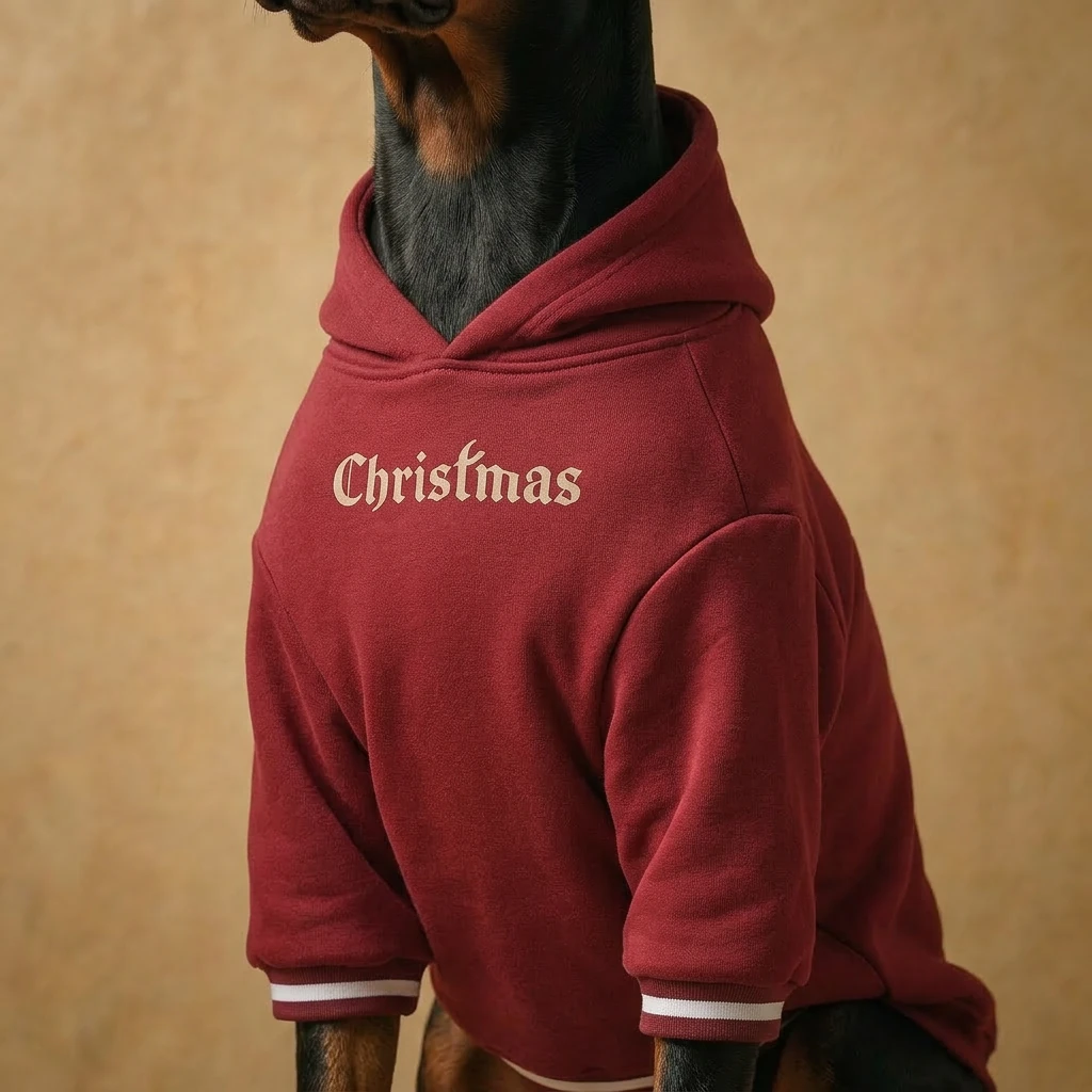 Doberman in NookPaws™ maroon fleece hoodie, textured fabric with cream "Christmas" script, minimalist fit for deep-chested breeds, warm lighting, calm aesthetic
