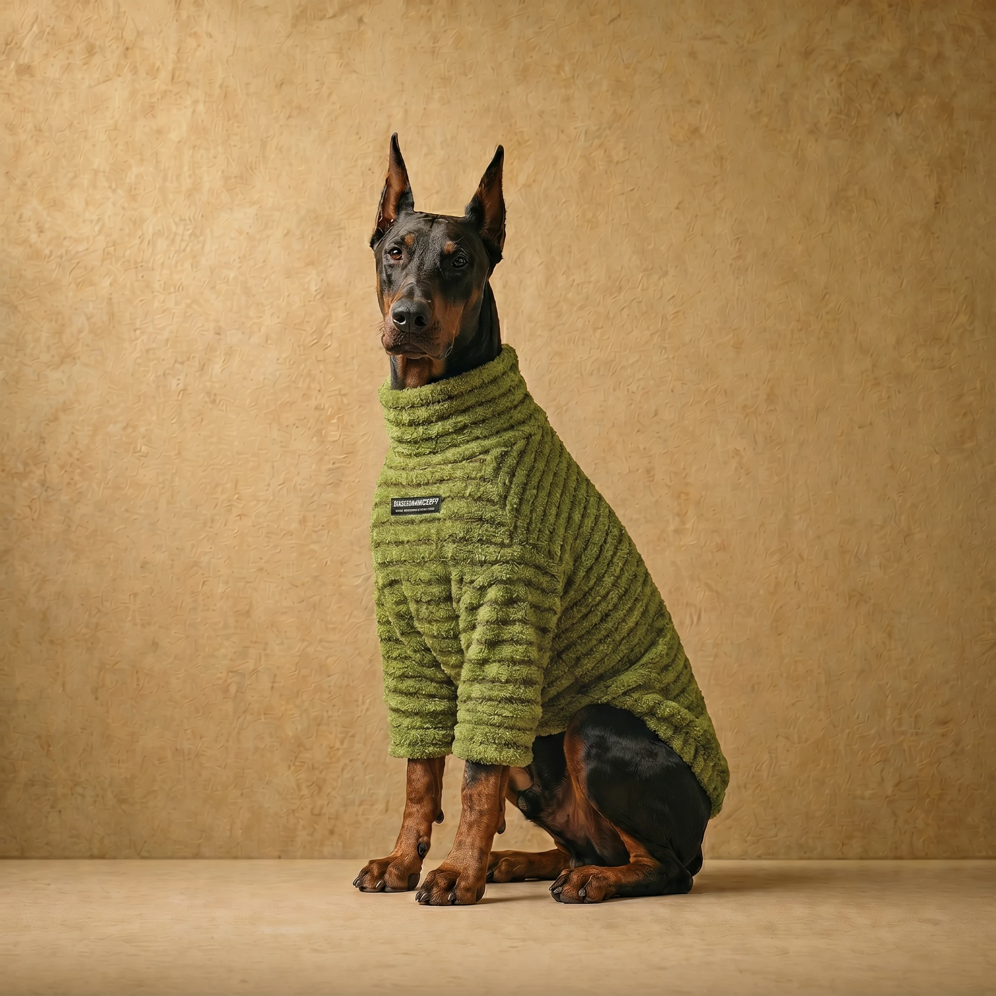 Doberman in a moss green striped fleece sweater with high neck, textured ribbed knit, and athletic fit, designed for deep-chested breeds. Clothes that fit dobermans.
