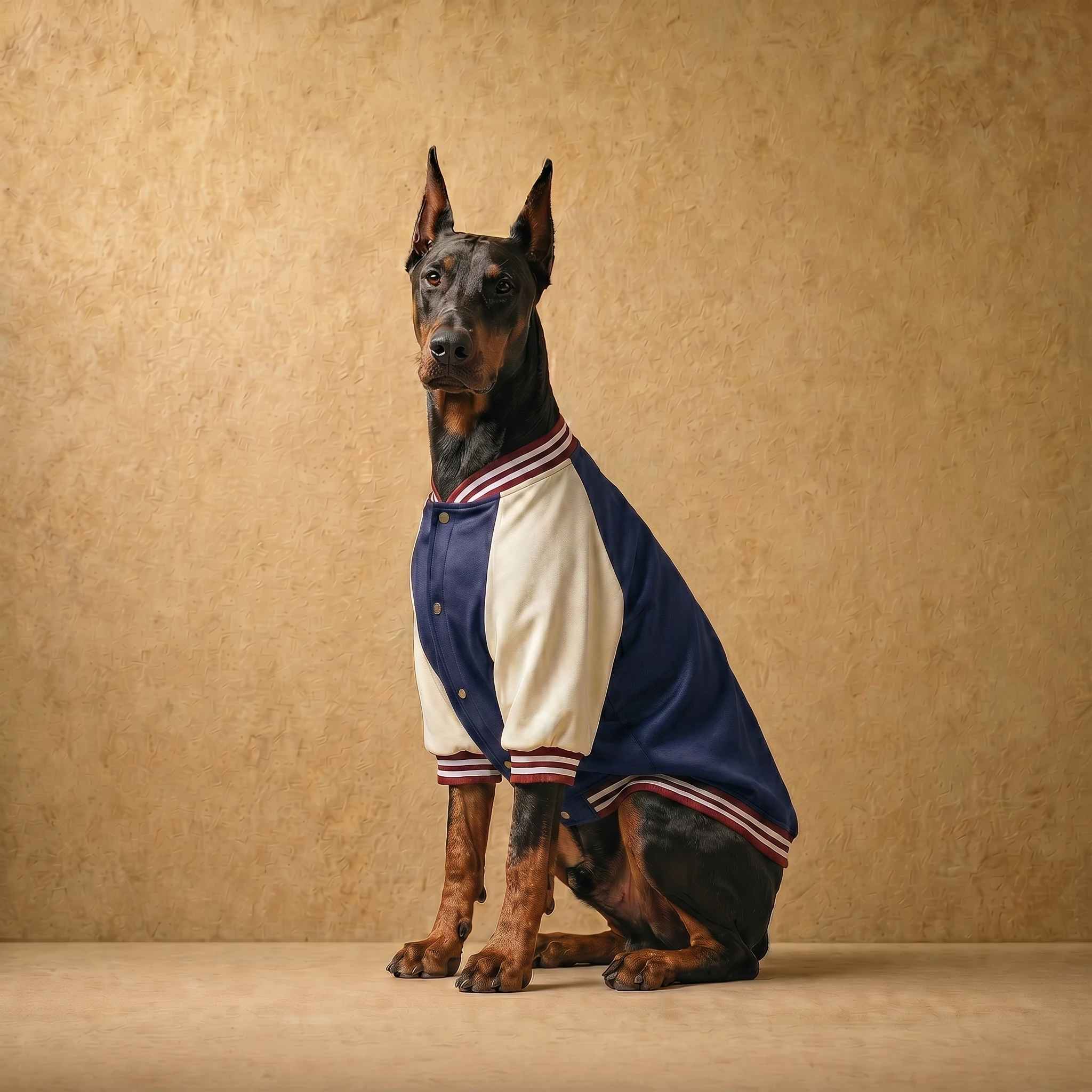 Doberman in a navy and cream varsity-style jacket with red trim, featuring a close athletic fit and button front, designed for deep-chested breeds. Clothes that fit dobermans.